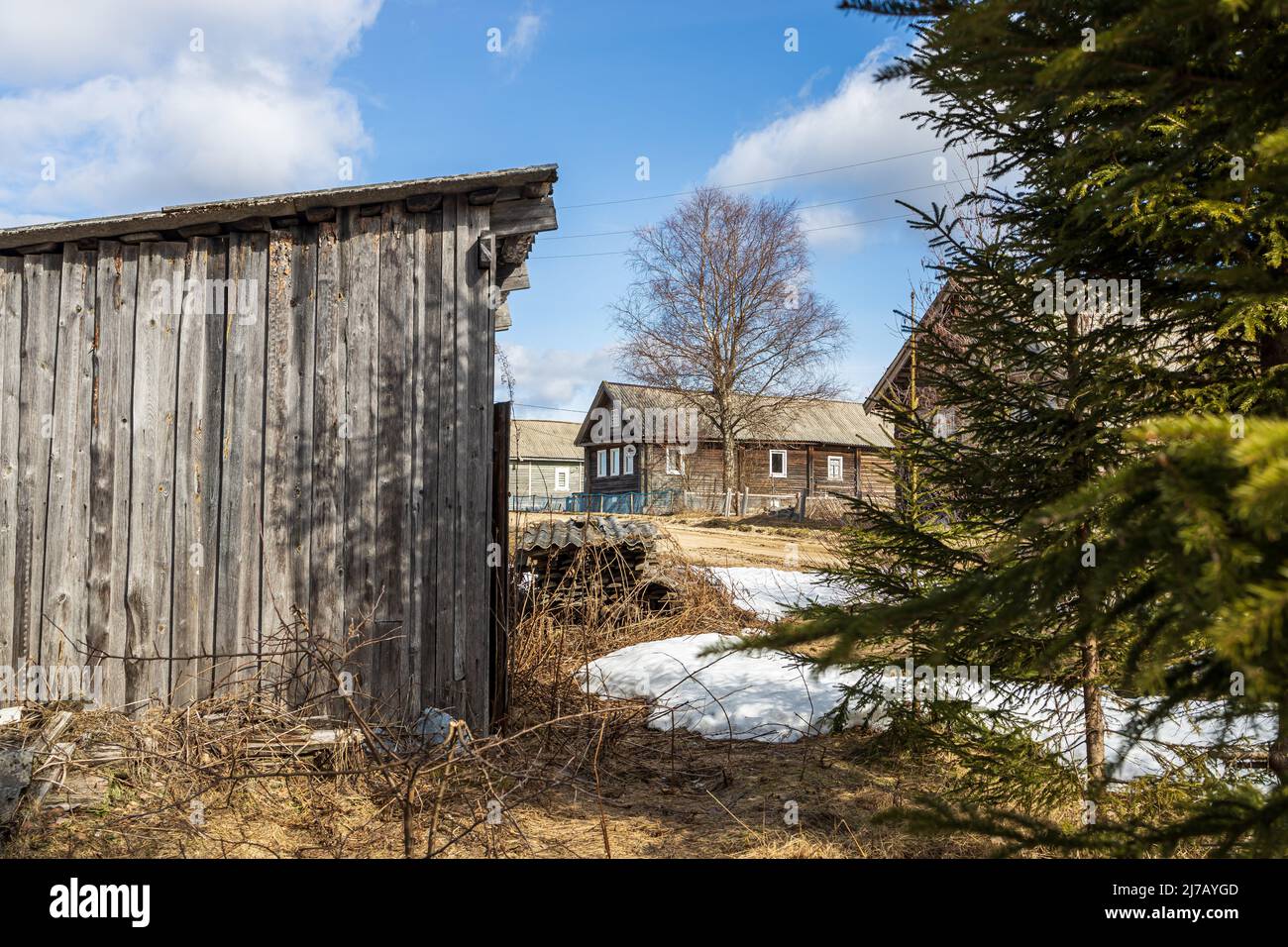 Bolshaya Selga, Olonetsky district, Republic of Karelia, - April 28, 2022, an ancient Karelian village known since 1707. Wooden houses. Stock Photo