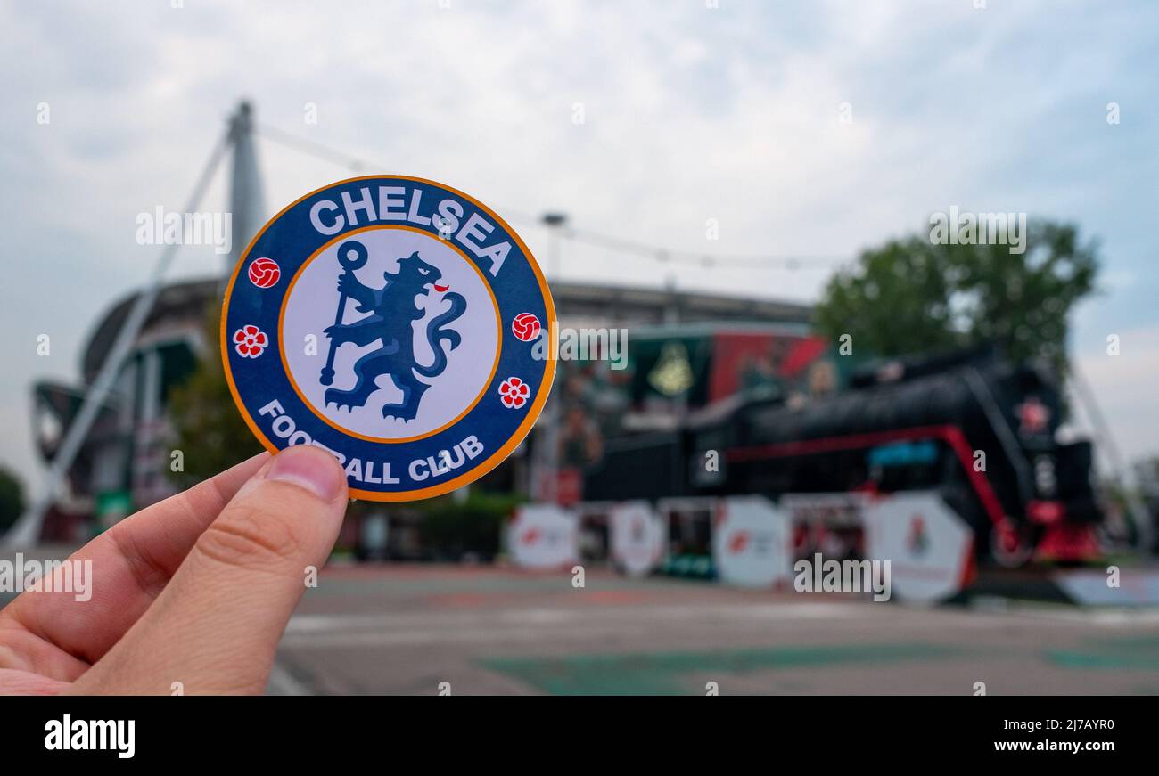 September 12, 2021, London, United Kingdom. The emblem of the Chelsea F.C.  football club on the background of a modern stadium Stock Photo - Alamy