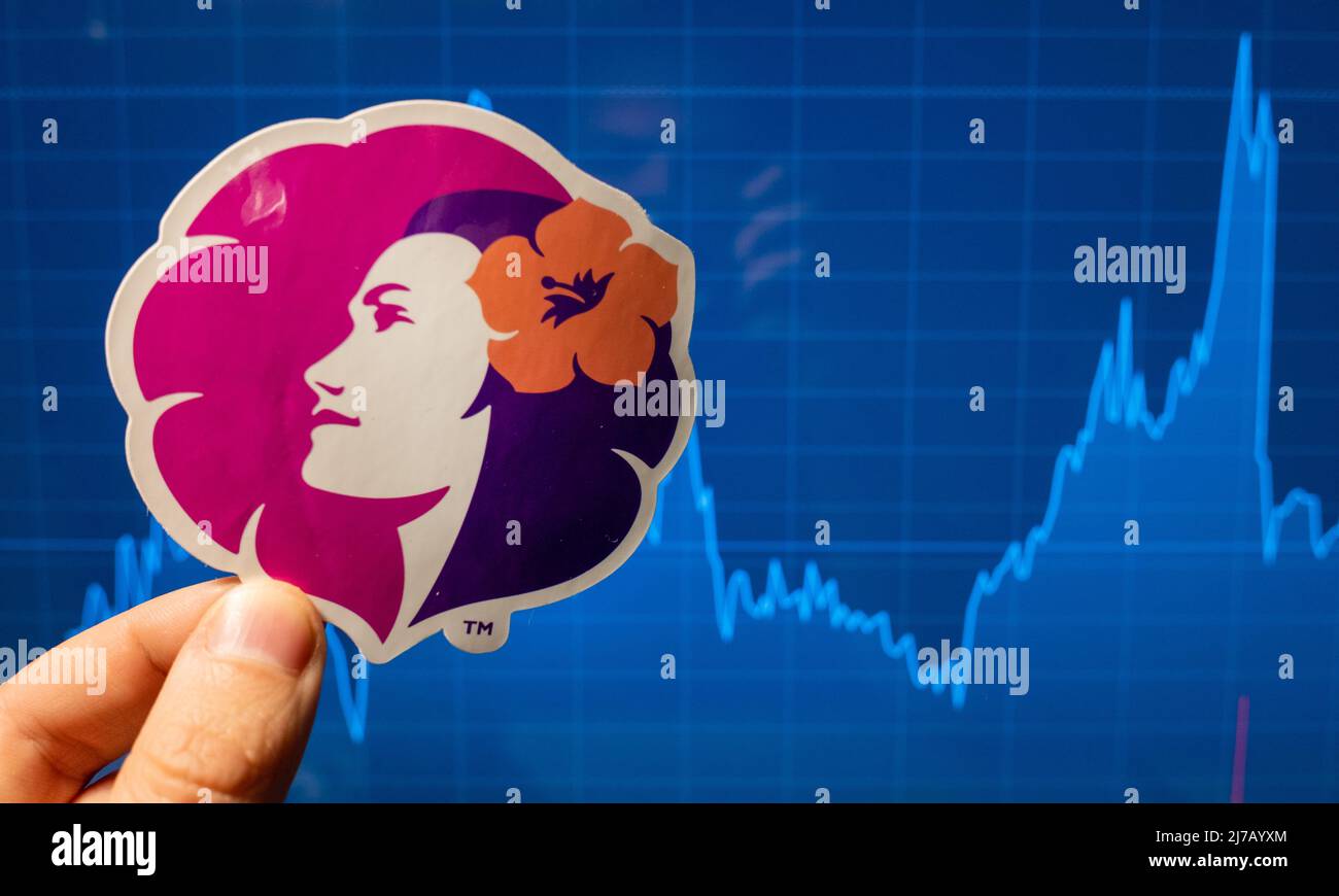 November 10, 2021, Honolulu, USA. The emblem of Hawaiian Airlines against the background of a stock price chart. Stock Photo