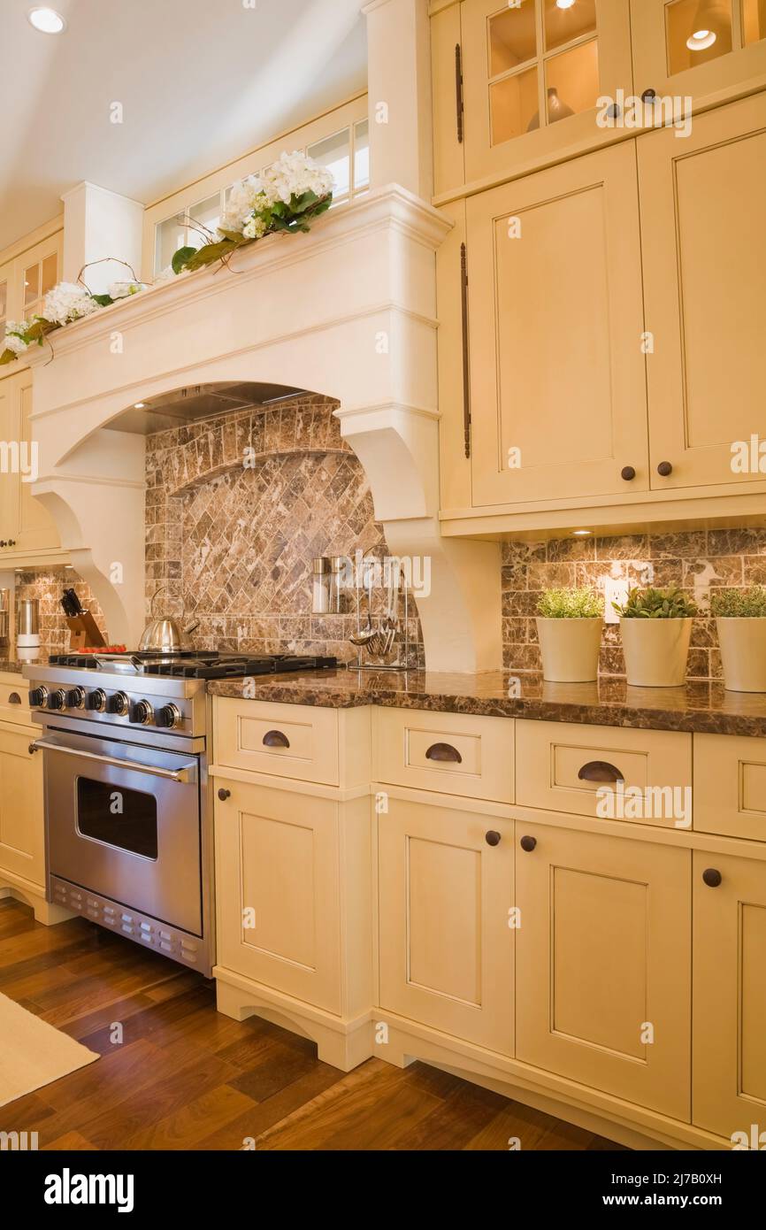 Kitchen with stainless steel gas stove, country style and