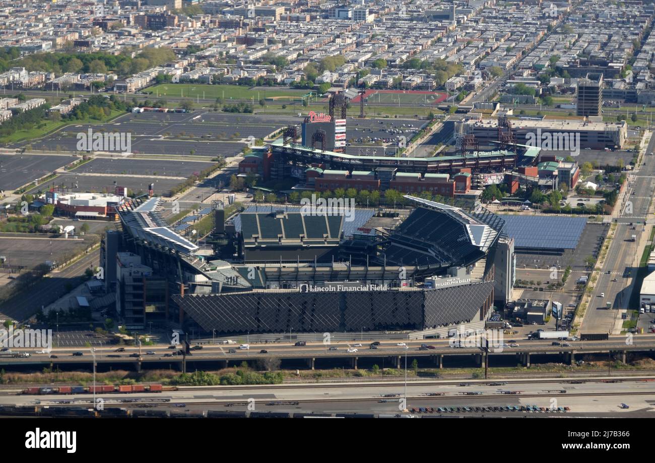 Aerial view of Philadelphia, Pennsylvania, with a focus on two of the city  professional sports venues: Citizens Bank Park, home of the baseball  Philadelphia Phillies (foreground); and the football Philadelphia Eagles'  Lincoln