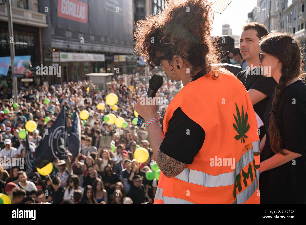 Organizers of a pro-cannabis demonstration seen during the rally. Thousands of pro-cannabis activists took part in a demonstration in La Gran Via in Madrid, Spain, in favor of legalizing the medicinal and recreational use of marijuana. (Photo by Diego Radames / SOPA Images/Sipa USA) Stock Photo
