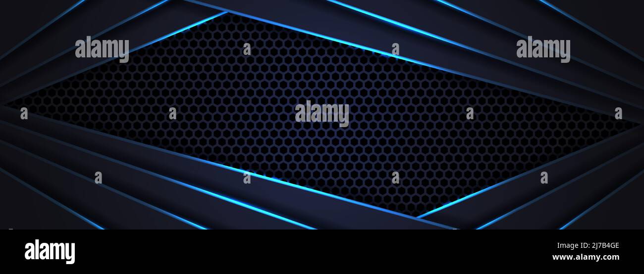 Dark abstract wide horizontal banner with hexagon carbon fiber grid ...