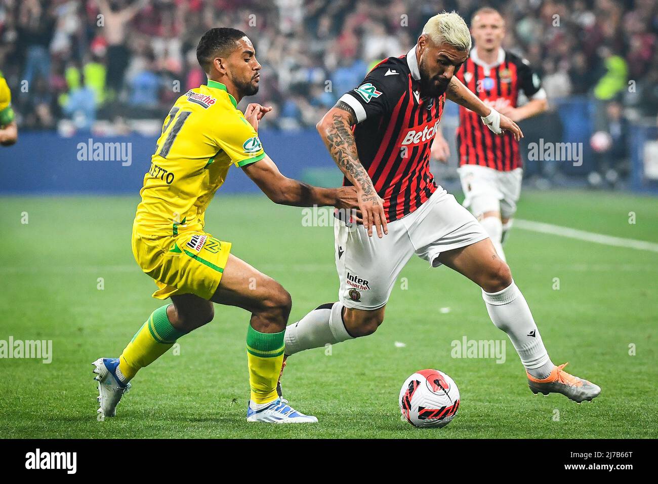 Jean-Charles CASTELLETTO of Nantes and Andy DELORT of Nice during the  French Cup, Final football match between OGC Nice and FC Nantes on May 7,  2022 at Stade de France in Saint-Denis