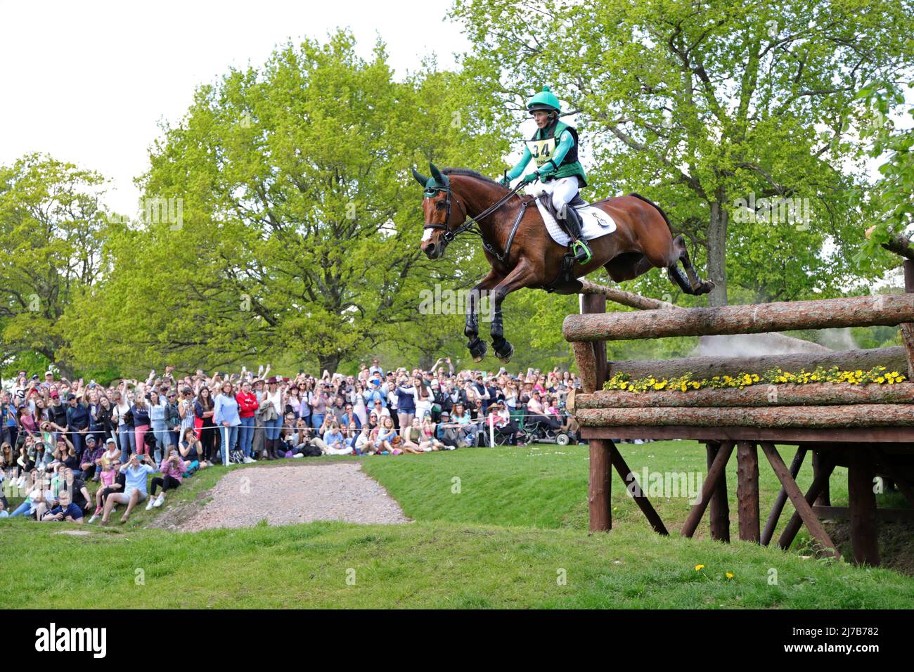 BADMINTON, UK, MAY 7TH Sarah Ennis riding Woodcourt Garison during the Cross Country Event at Badminton Horse Trials, Badminton House, Badminton on Saturday 7th May 2022