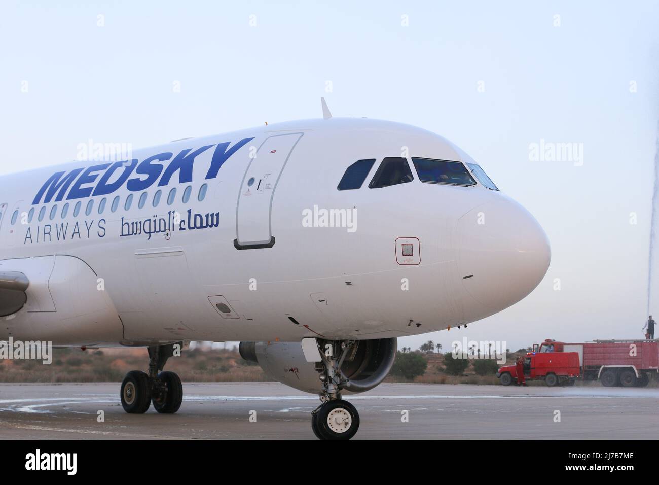 A view of a private Libyan airline Medsky at Misrata International Airport, Flights between the Europe union countries had been suspended for eight years due to the conflict in Libya Stock Photo