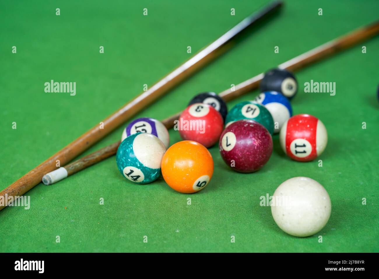 Billiards and pool cues on the pool table Stock Photo Alamy