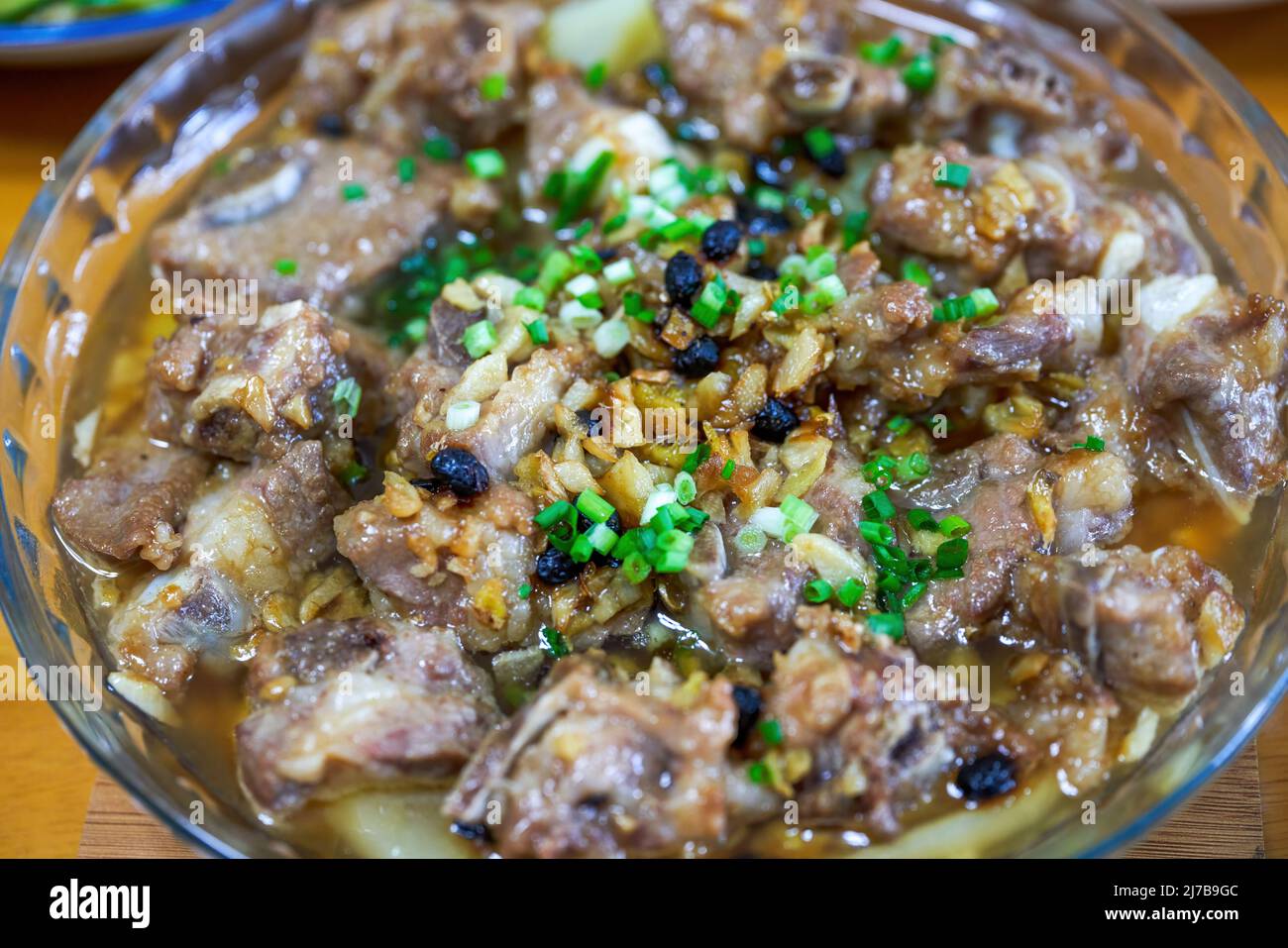 A delicious Chinese Cantonese dish, steamed pork ribs in soy sauce ...