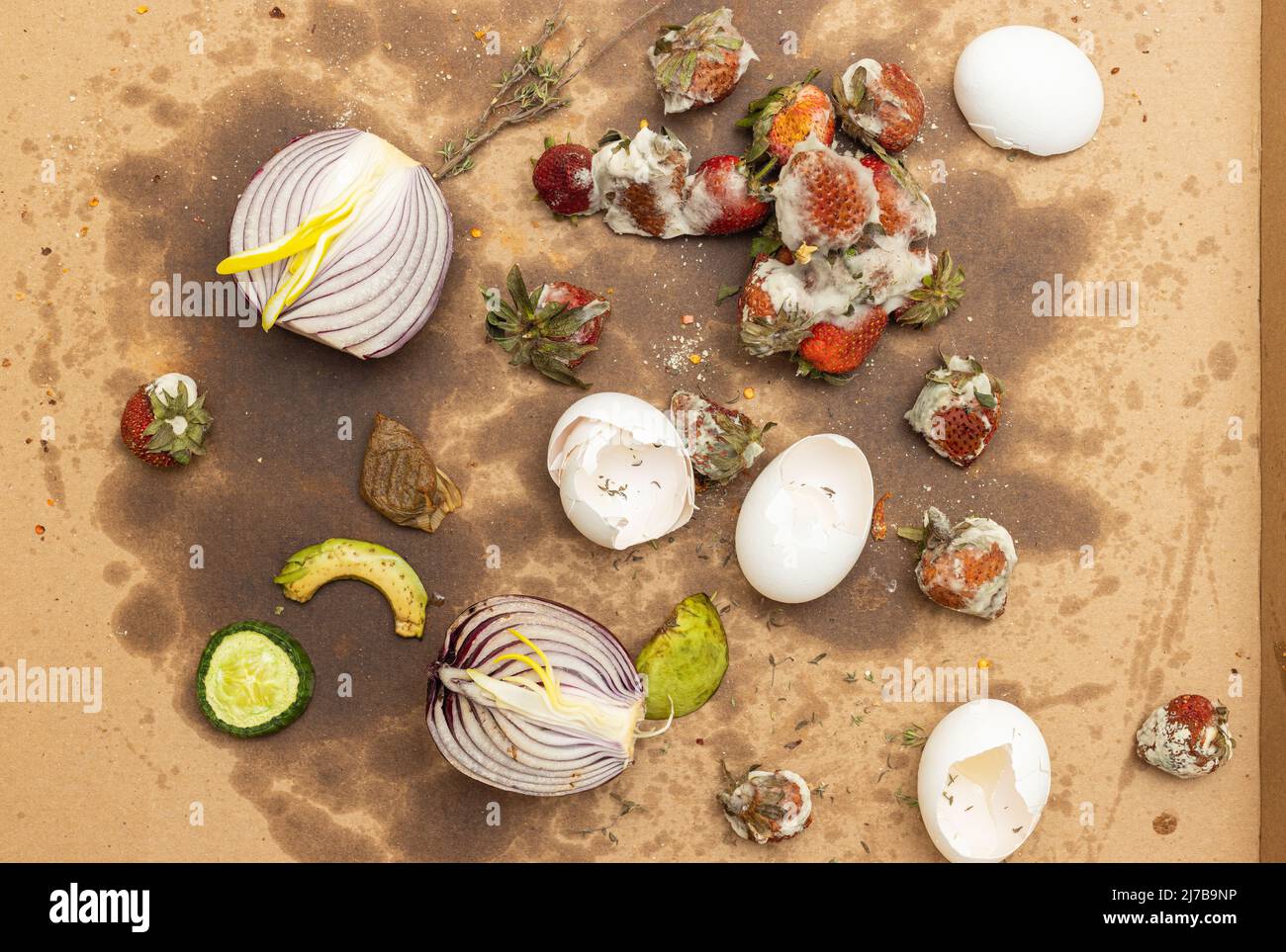Top view of rotten food leftovers on soiled cardboard. Rotten fruit, vegetables and eggshells thrown for composting. Food waste concept. Stock Photo