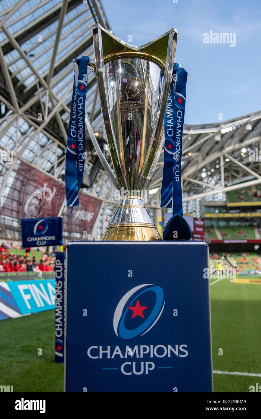 The Champions Cup trophy during the Heineken Champions Cup Quarter Final match between Munster Rugby and Stade Toulousain at Aviva Stadium in Dublin, Ireland on May 7, 2022 (Photo by Andrew SURMA/ SIPA USA). Stock Photo