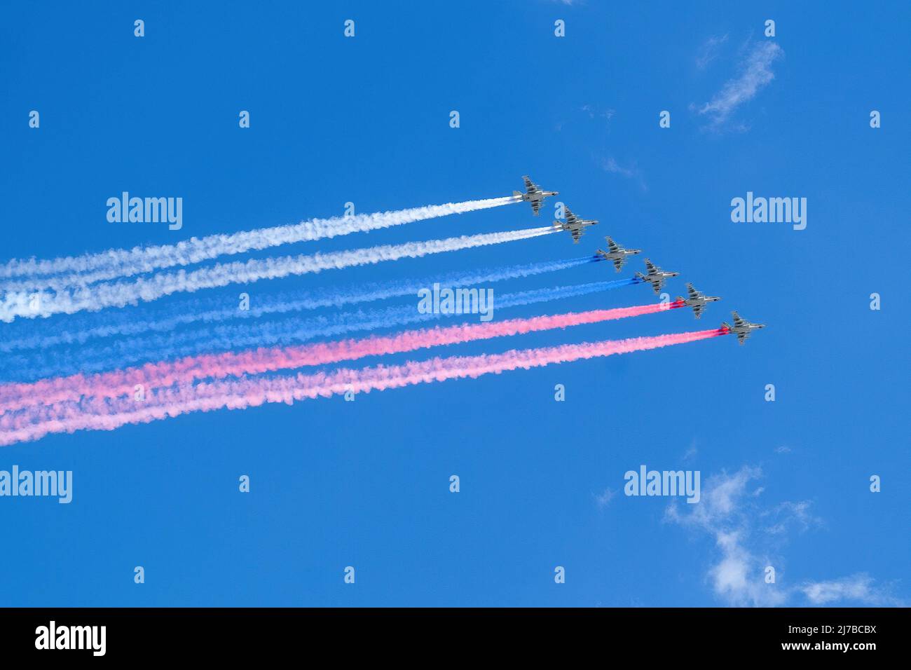 Russian Air Force aerobatic teams fly in formation during the Victory Parade rehearsal above Moscow's Red Square. Stock Photo