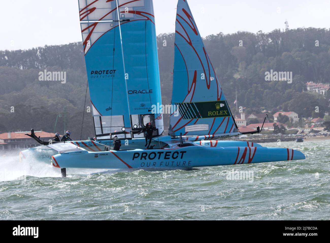 With Driver Ben Ainslie at the helm the Great Britian F50 Catamaran sails above the waters of San Francisco Bay during the 2022 SailGP races. Stock Photo