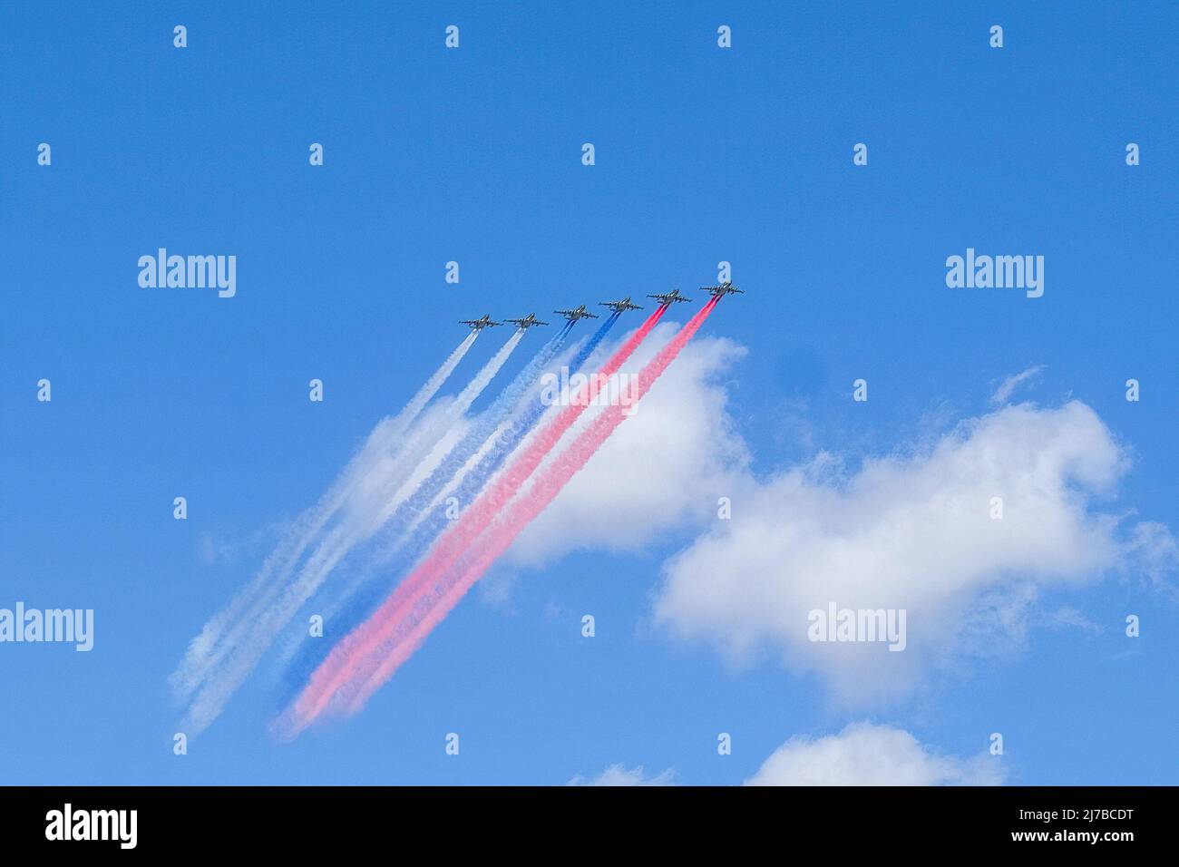 Russian Air Force aerobatic teams fly in formation during the Victory Parade rehearsal above Moscow's Red Square. (Photo by Denis Thaust / SOPA Images/Sipa USA) Stock Photo