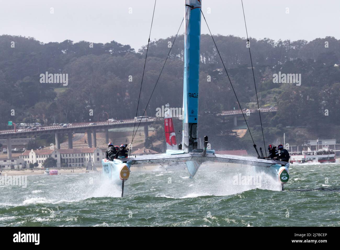 Led by Driver Ben Ainslie the Great Britian  F50 Catamaran sails above the waters of San Francisco Bay during the 2022 SailGP races. Stock Photo