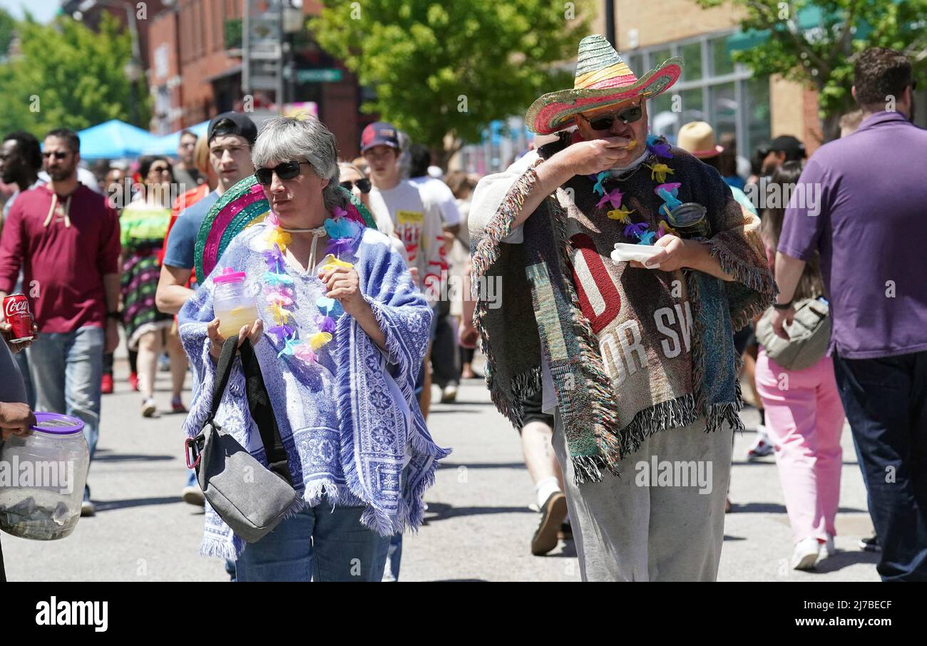 St. Louis, United States. 08th May, 2022. Tourists in costumes walk the street at the Cinco de Mayo celebration in St. Louis on Saturday, May 7, 2022. Photo by Bill Greenblatt/UPI Credit: UPI/Alamy Live News Stock Photo