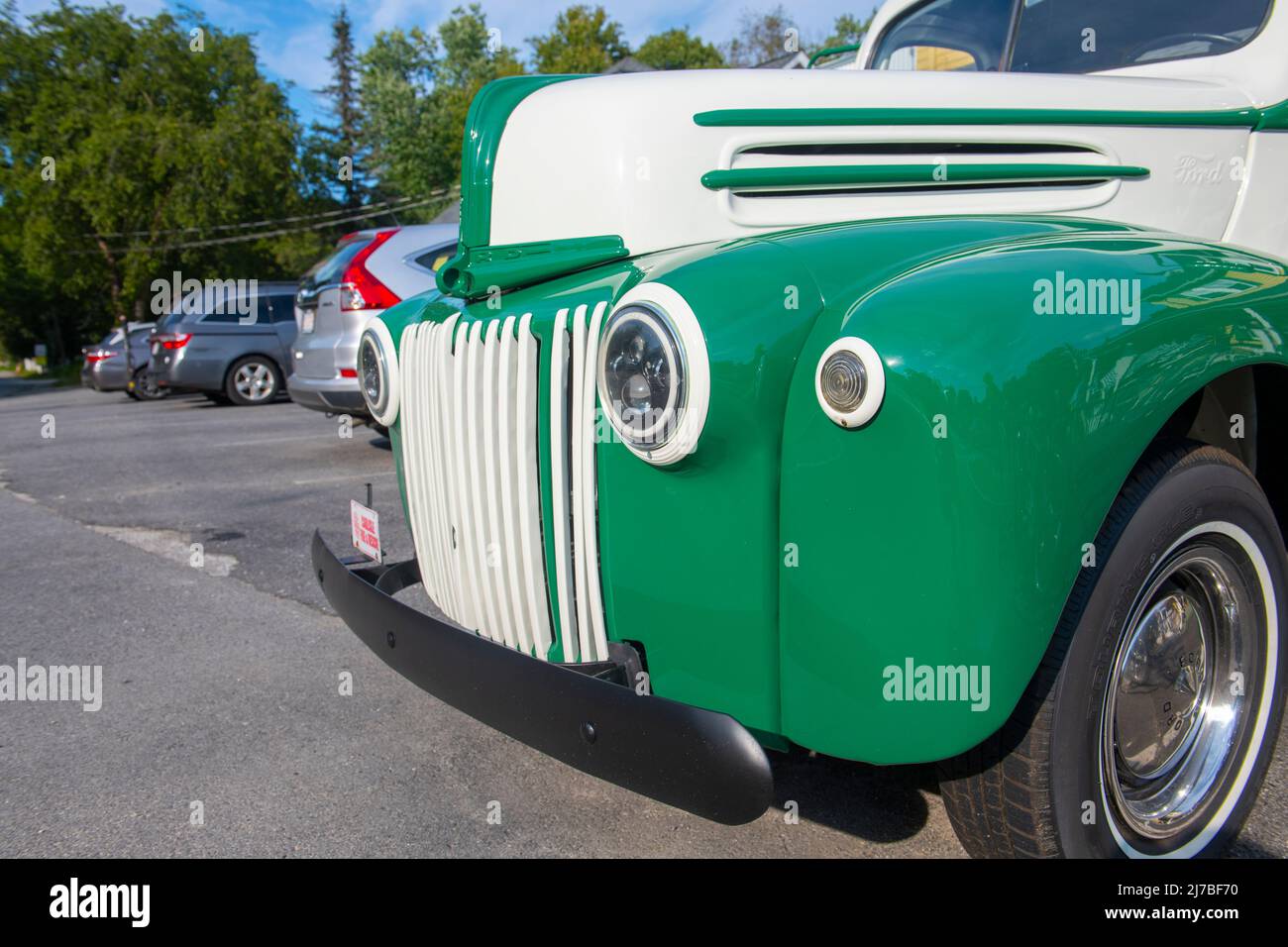 Antique pickup truck at Ferns Country Store in historic town center of Carlisle, Massachusetts MA, USA. Stock Photo