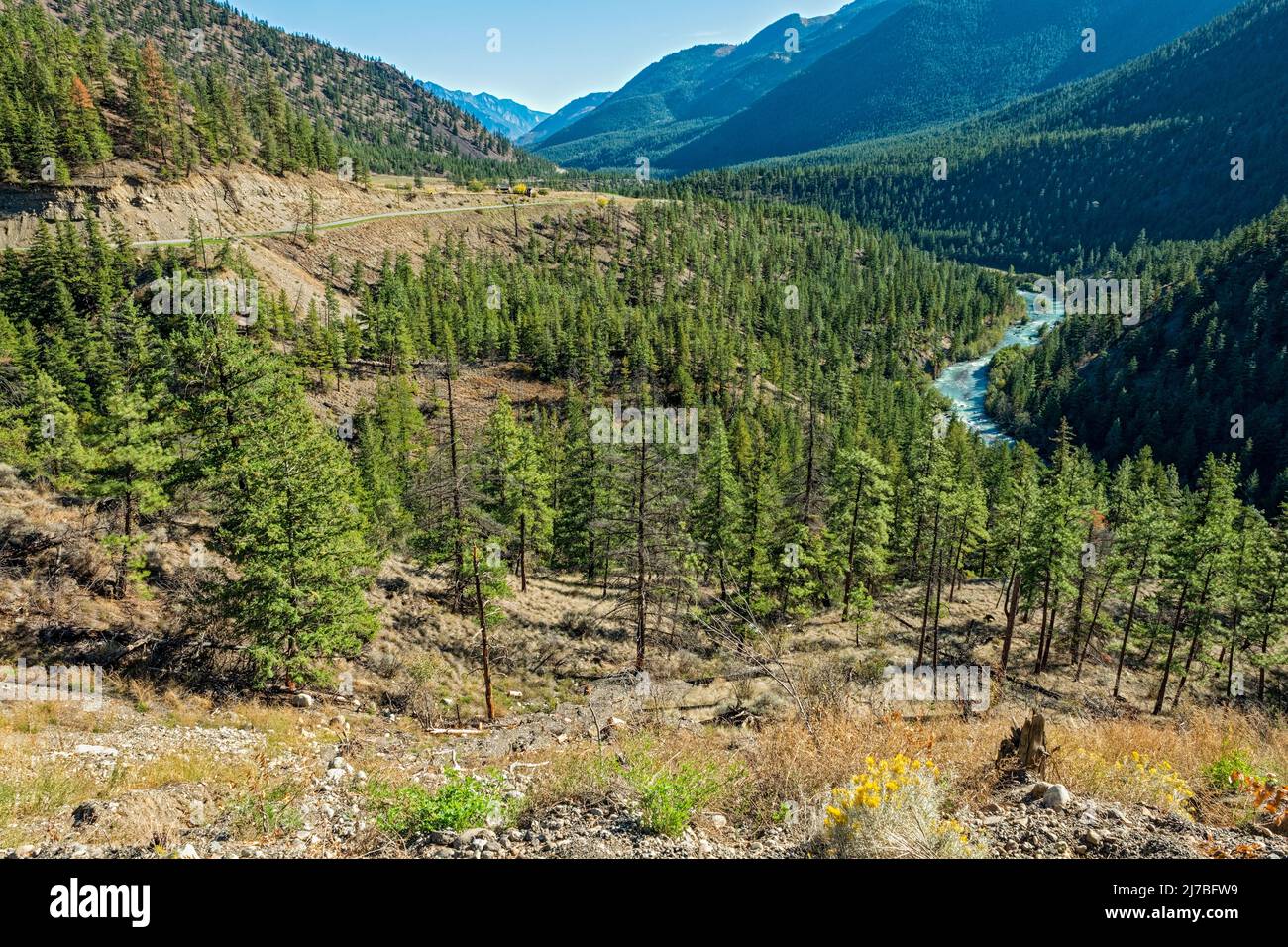 The Bridge River flows through the rugged landscape of Fountain Valley, British Columbia, Canada Stock Photo