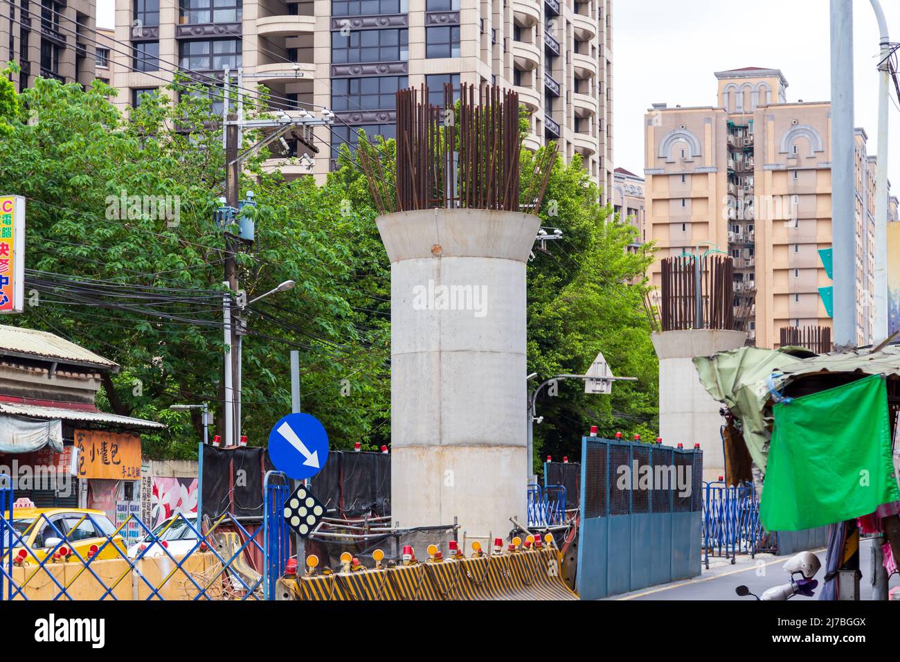 Pillars being erected as part of construction for metro system Stock