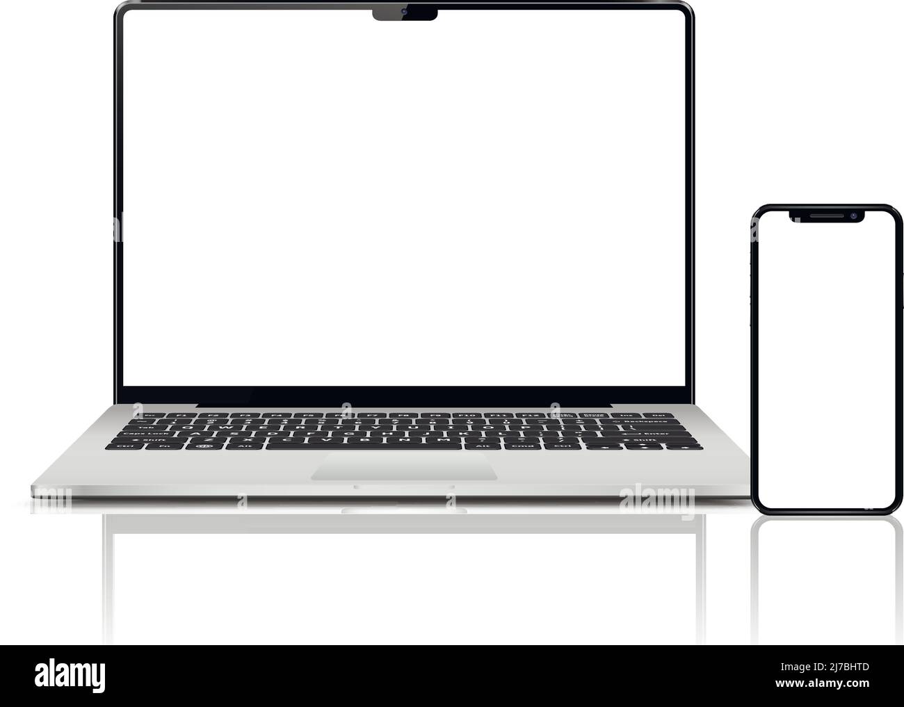 Laptop computer and mobile phone mockups isolated on white background Stock Vector