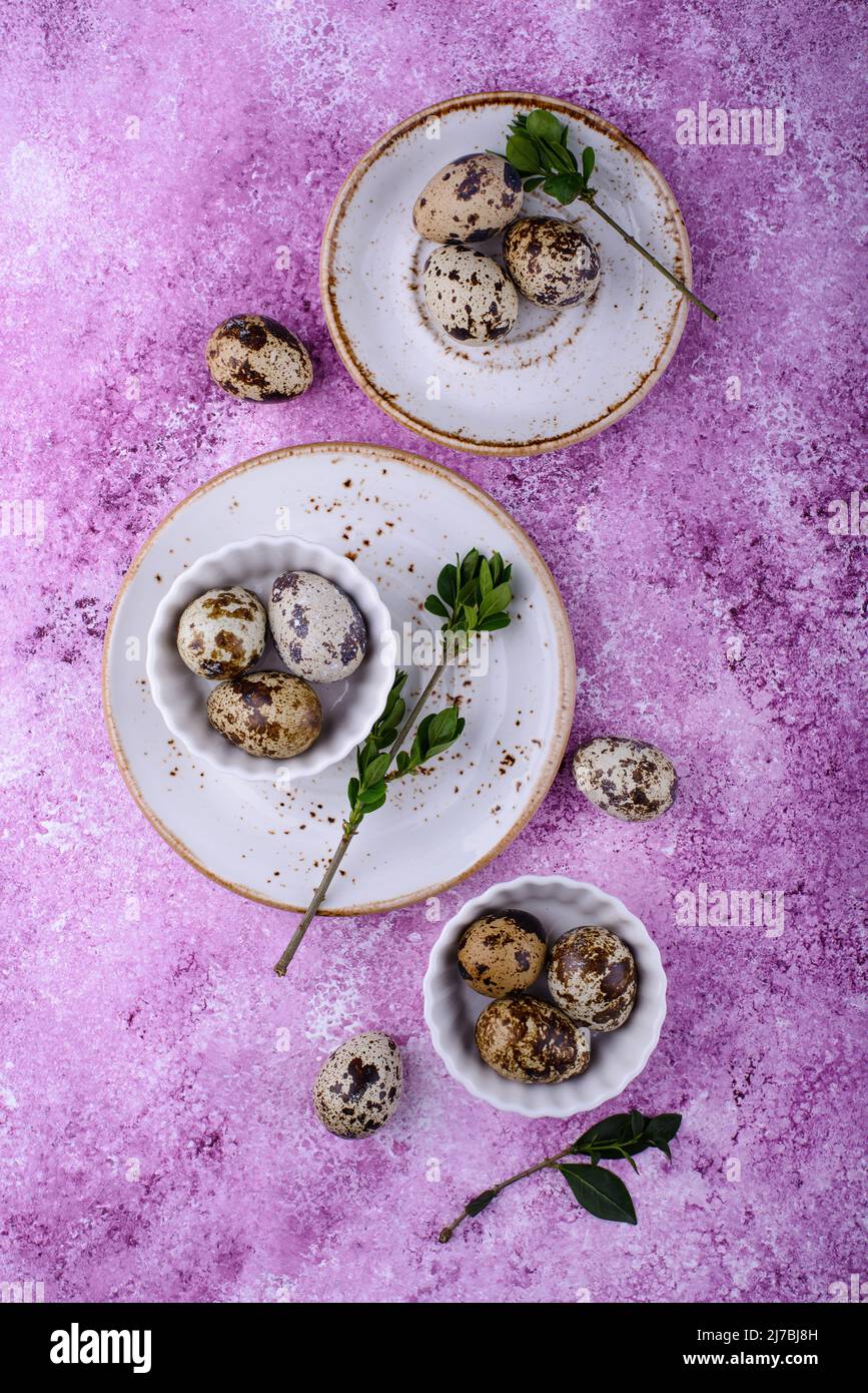 Bowl with quail eggs on light background Stock Photo