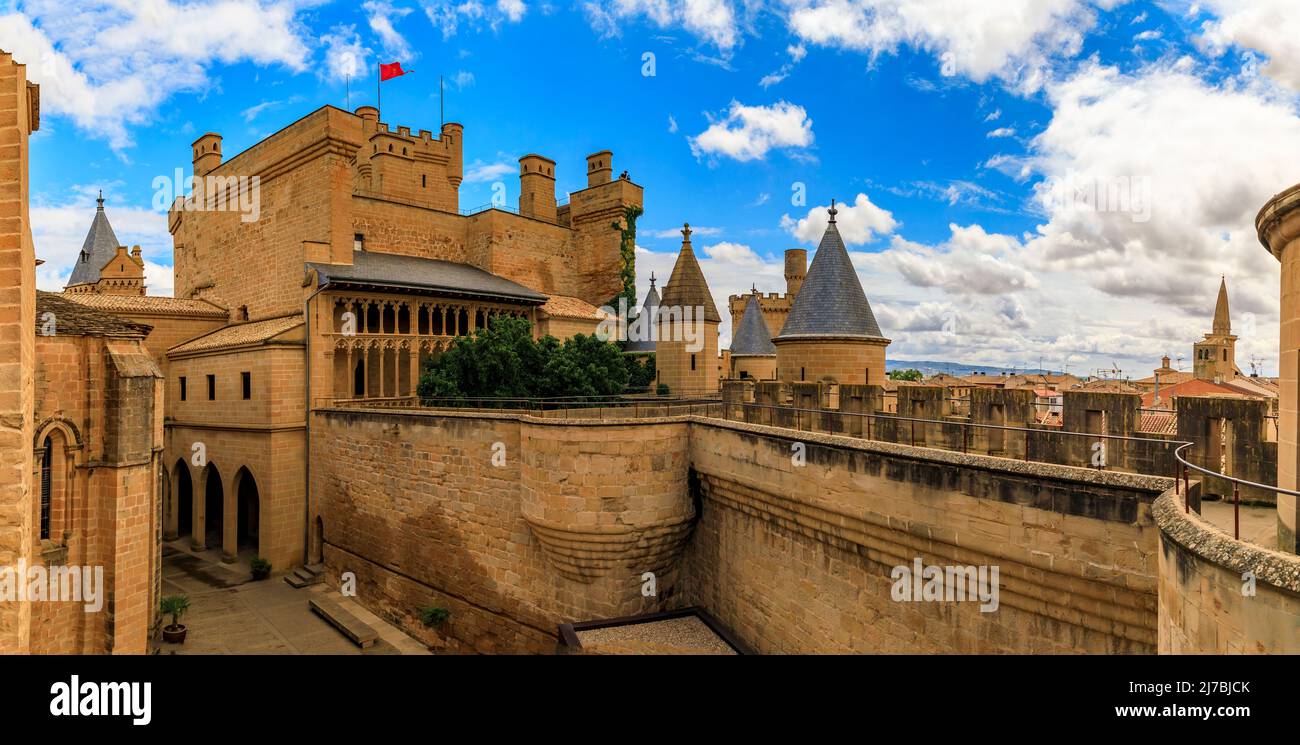 Olite, Spain - June 23, 2021: Details of the ornate gothic architecture of the palace of the Kings of Navarre or Royal Palace of Olite in Navarra Stock Photo