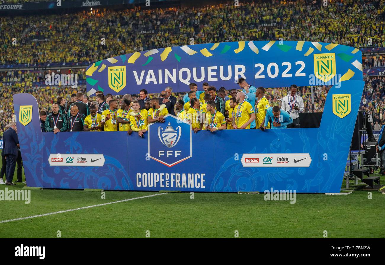 Trophy ceremony for FC NANTES players and staff of the match of the final  of French Cup soccer, between OGC NICE and FC NANTES at Stade De France  Stadium, Paris, France, on