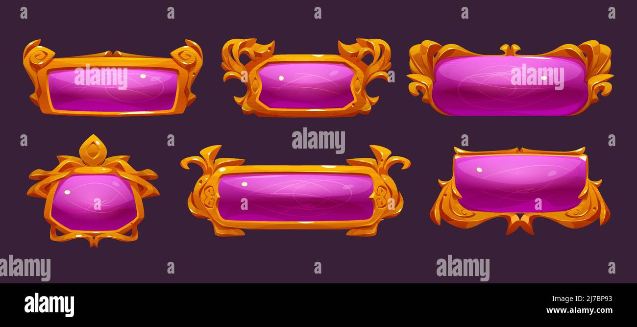 Fantasy game buttons with gold frames different shapes. Vector user ...