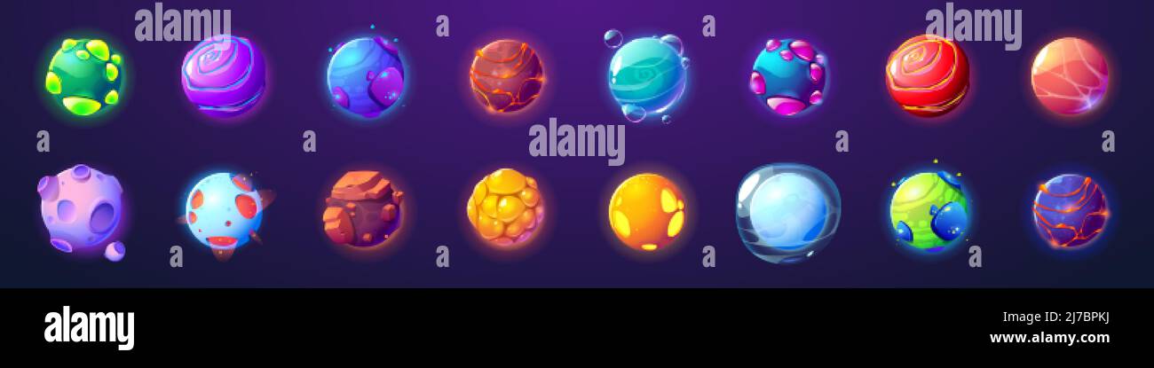 Alien planets, cartoon fantastic asteroids, galaxy ui game cosmic world objects, space design elements. Pimpled spheres, comets, moon with craters, gl Stock Vector