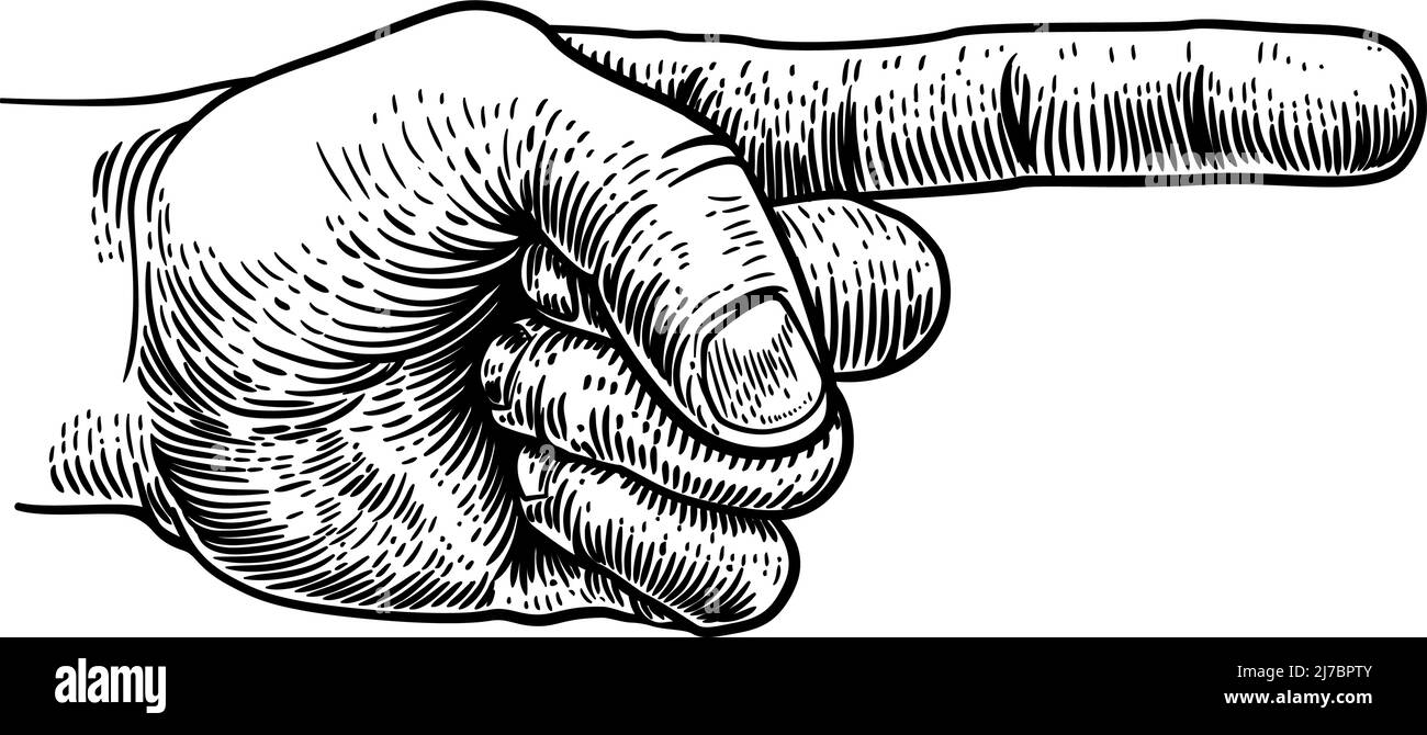 Hand Pointing Direction Finger Engraving Woodcut Stock Vector