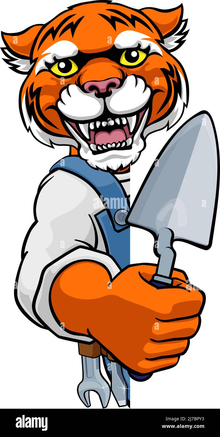 Tiger Bricklayer Builder Holding Trowel Tool Stock Vector