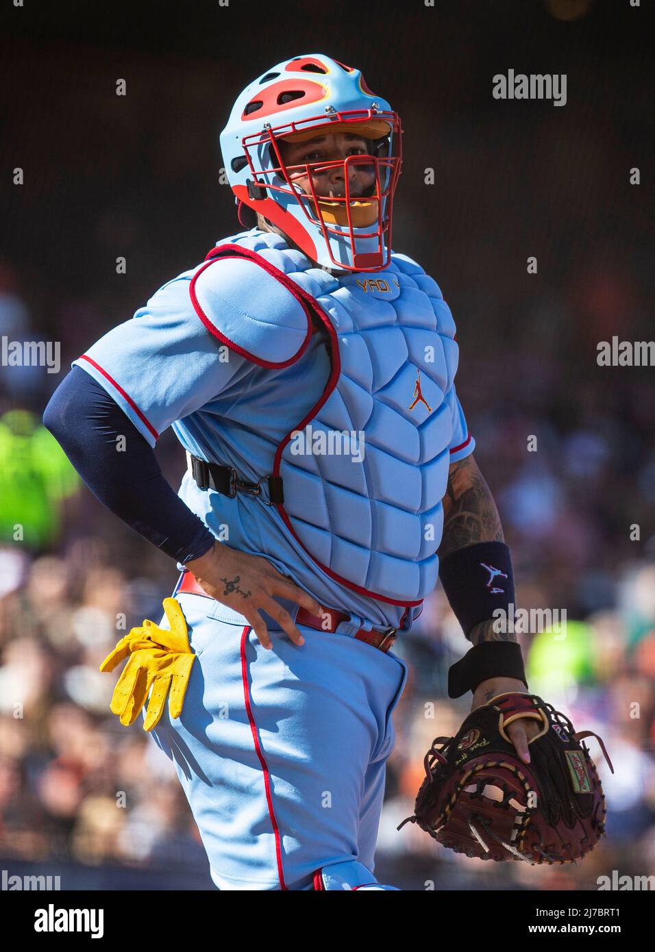 May 07 2022 San Francisco CA, U.S.A. St. Louis catcher Yadier Molina (4)  reacts after an infield out during MLB game between the St. Louis Cardinals  and the San Francisco Giants. The