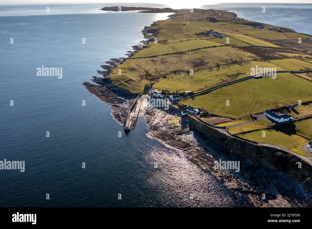 Aerial view of the Ballysaggart pier and the 15th century Franciscan Third Order remains at St