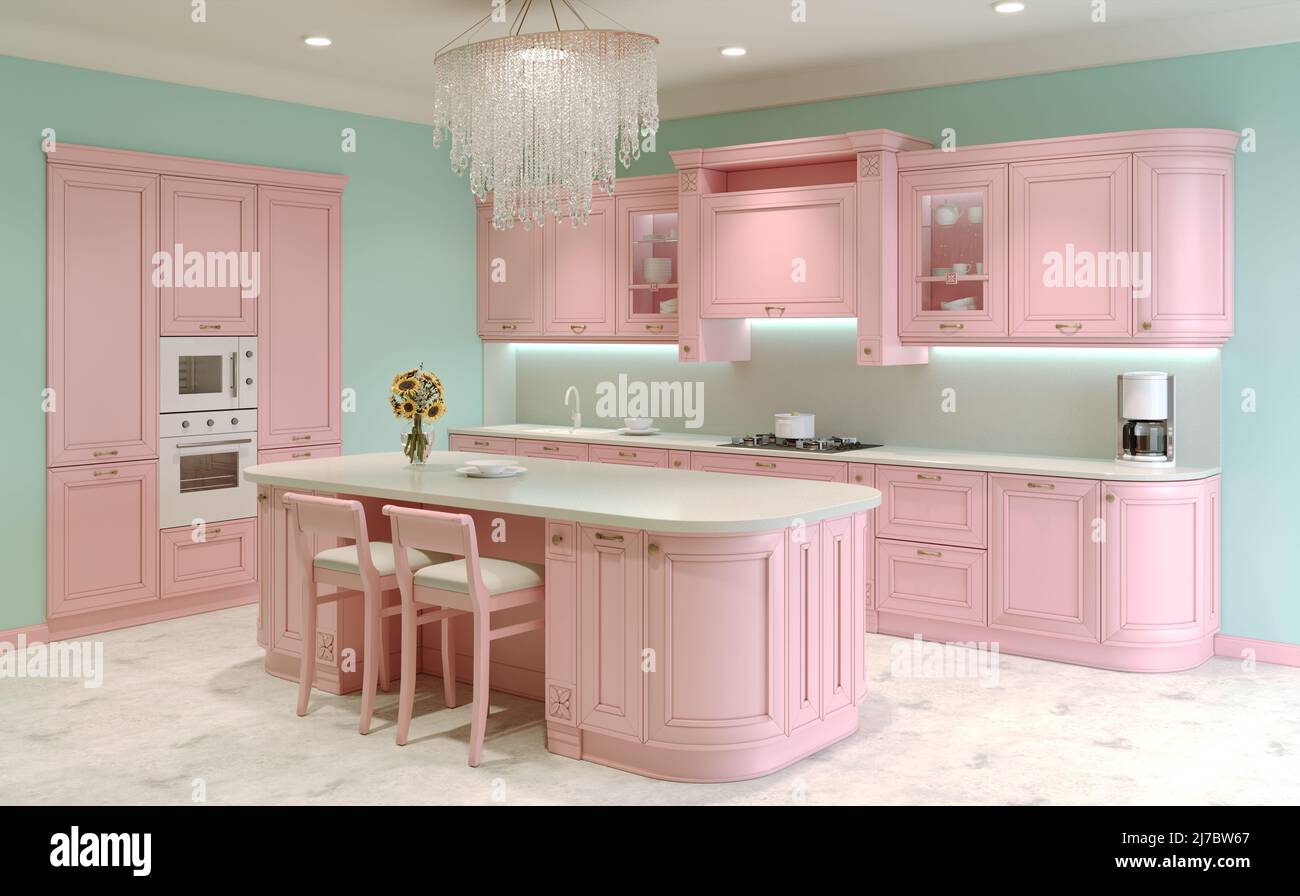 Soft Pink Cream Microwave A Kitchen Concept In 3d Rendering