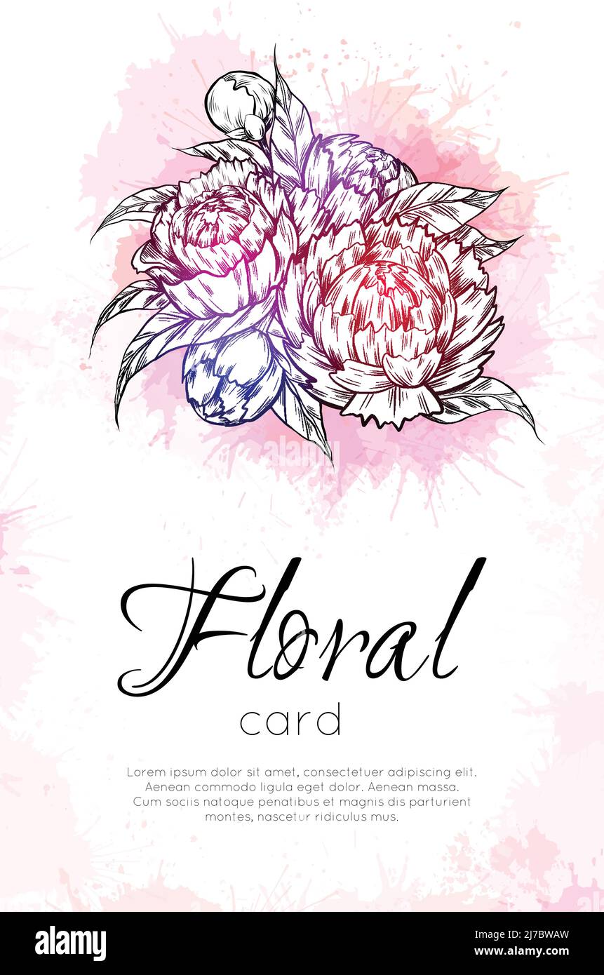 Vector vertical card with contour peony flowers with pink watercolor ...