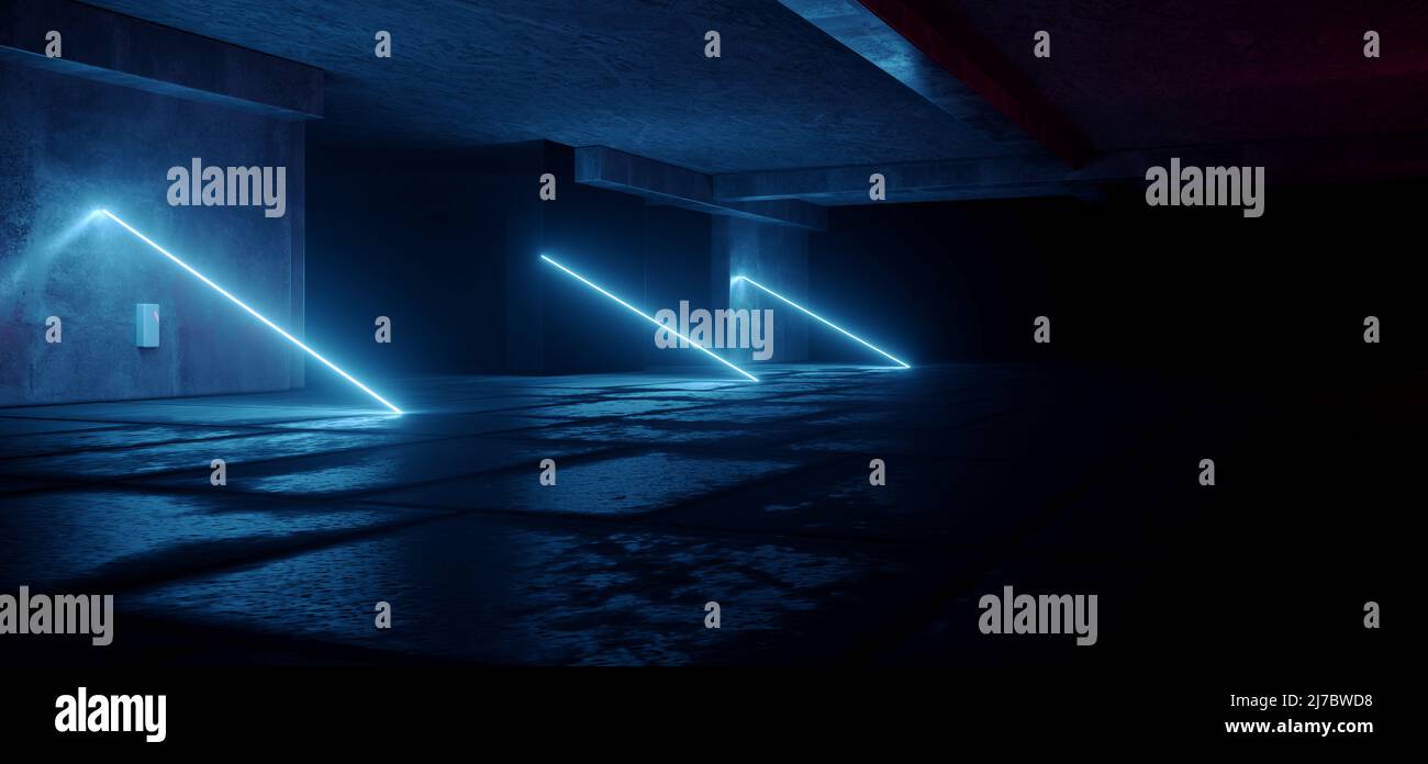 Sci Fi Futuristic Garage Blue Neon Laser Retro Modern Spaceship Studio Showroom Gallery Concrete Asphalt Hangar Tunnel Corridor 3D Rendering  Illustra Stock Photo