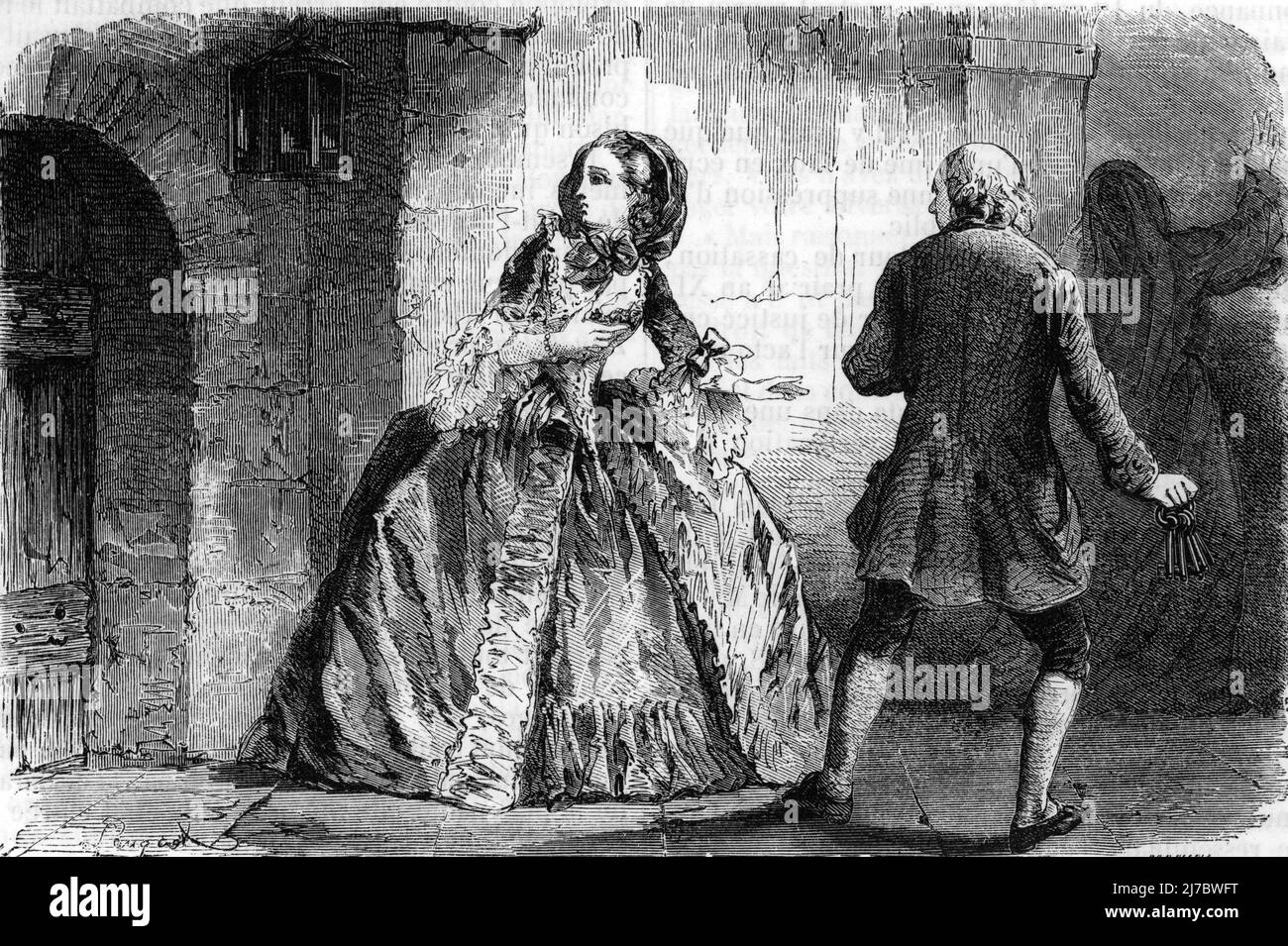 Le mystere de la marquise de Douhault - une femme pretend etre la marquise est liberee de l'hopital de la salpetriere en juillet 1789 -Gravure tiree de 'Causes celebres' de Fouquier 1861 Collection privee Stock Photo