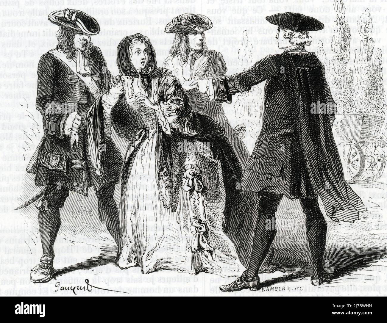 Affaire des poisons : la marquise de Brinvilliers Marie-Madeleine Dreux d'Aubray (1630-1676) arretee a Liege par l'officier de police Francois Degrais mars 1675 (Madame de Brinvilliers French aristocrat who was accused and convicted of murdering her father and two of her brothers in order to inherit their estates get arrested in march 1675) Gravure tiree de 'Causes celebres' de Fouquier 1861 Collection privee Stock Photo