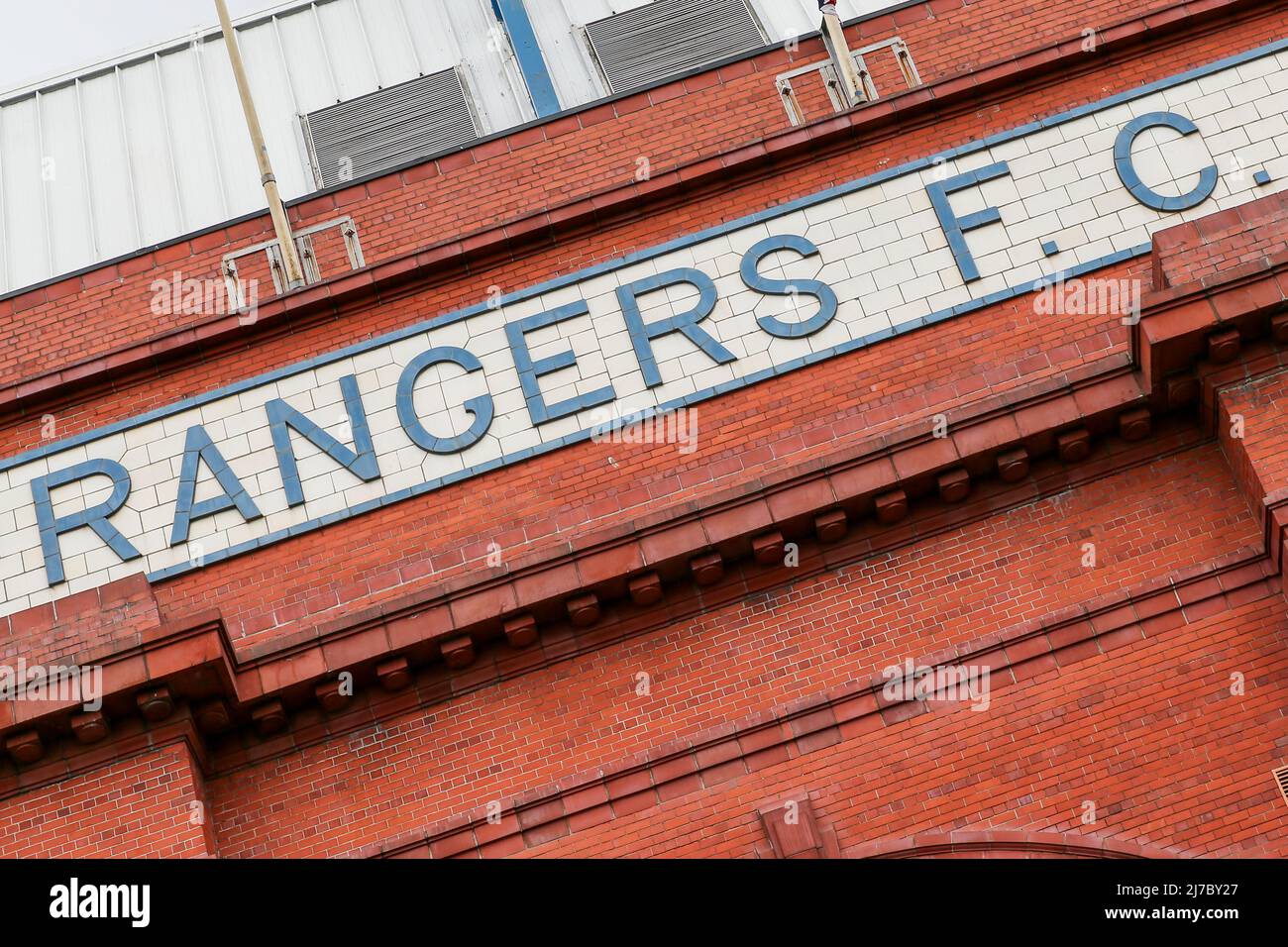Rangers FC name above the main entrance, Ibrox stadium, Glasgow, Scotland, UK Stock Photo