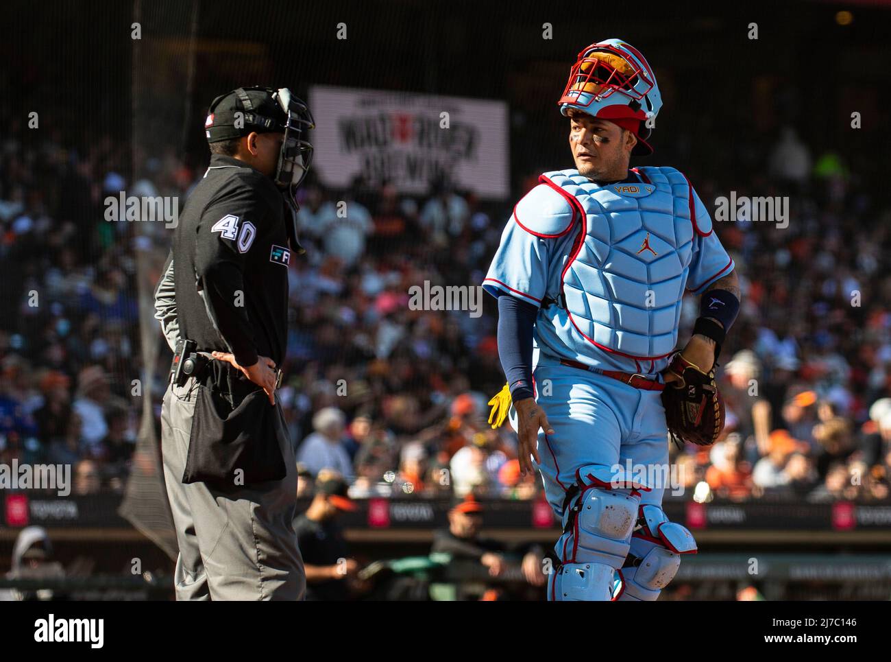 May 07 2022 San Francisco CA, U.S.A. St. Louis catcher Yadier Molina (4)  reacts after an infield out during MLB game between the St. Louis Cardinals  and the San Francisco Giants. The