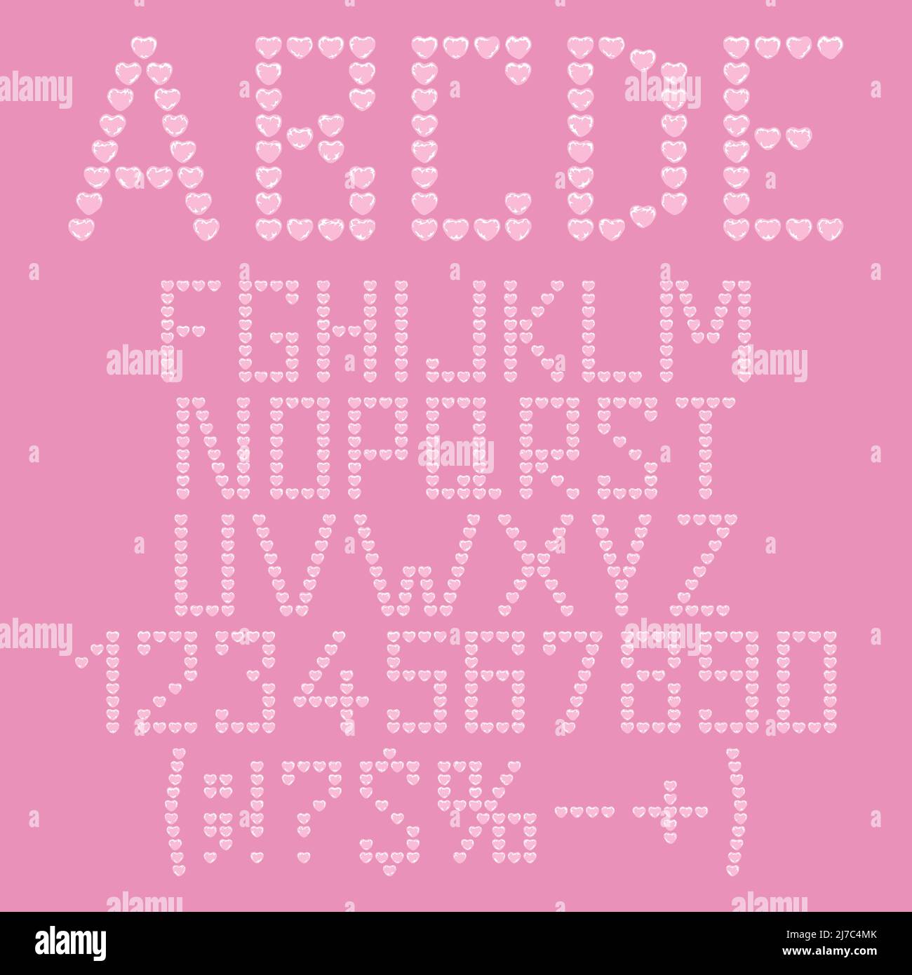 Alphabet, letters, numbers and signs from plastic heart bubbles, packaging bubble wrap. Set of isolated vector objects. Stock Vector