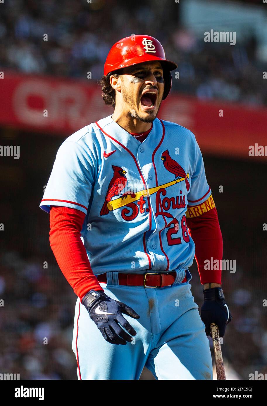 May 07 2022 San Francisco CA, U.S.A. St. Louis third baseman Nolan Arenado  (28) reacts after striking out in the ninth inning during MLB game between  the St. Louis Cardinals and the