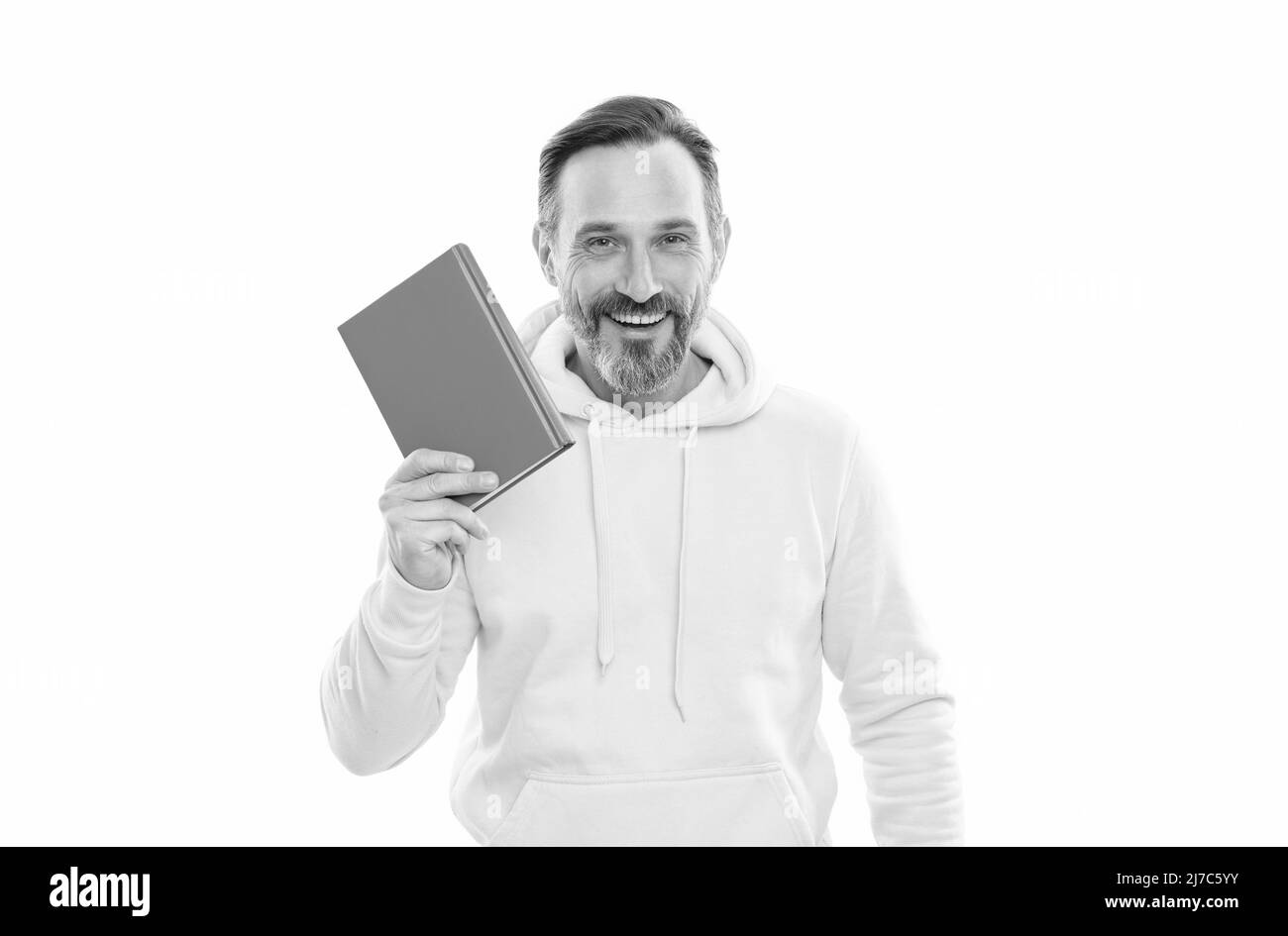 literature education. mature happy man with beard hold notebook. smiling senior guy with notepad Stock Photo