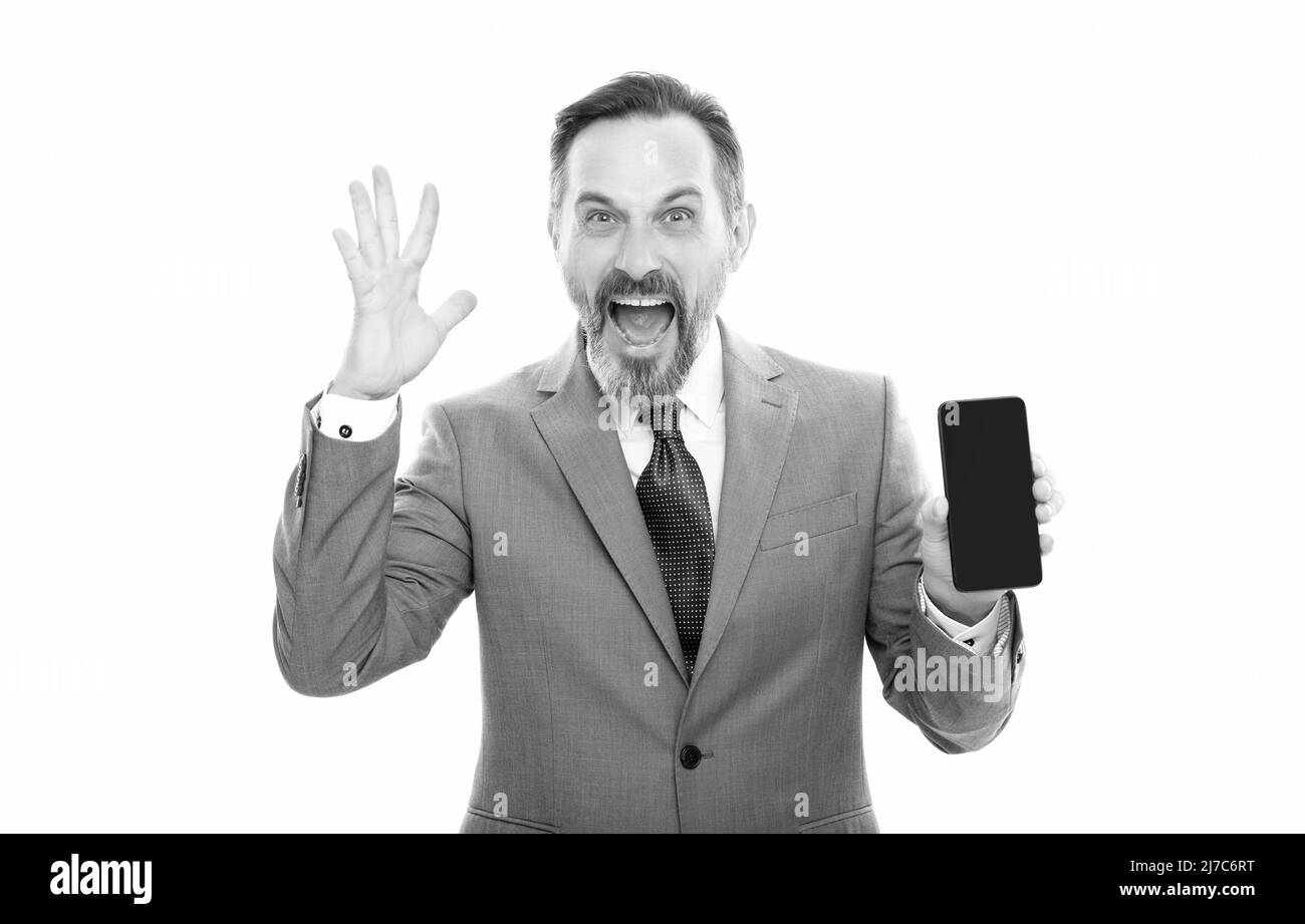 shouting man in businesslike suit. new app. product proposal. advertisement presentation. Stock Photo