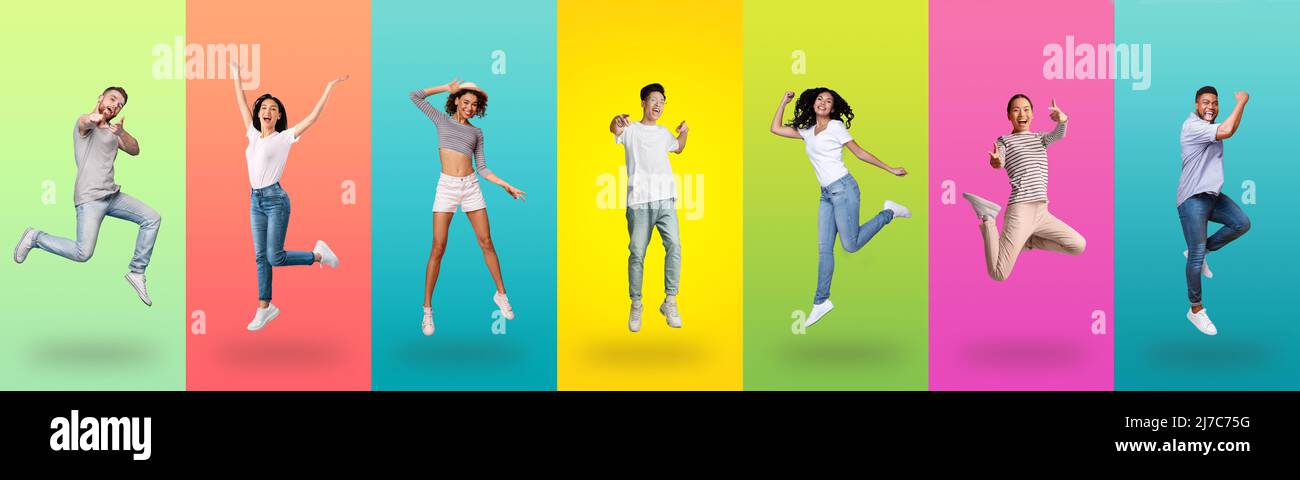 Joyful multiracial team jumping up on colorful backgrounds, collection ...