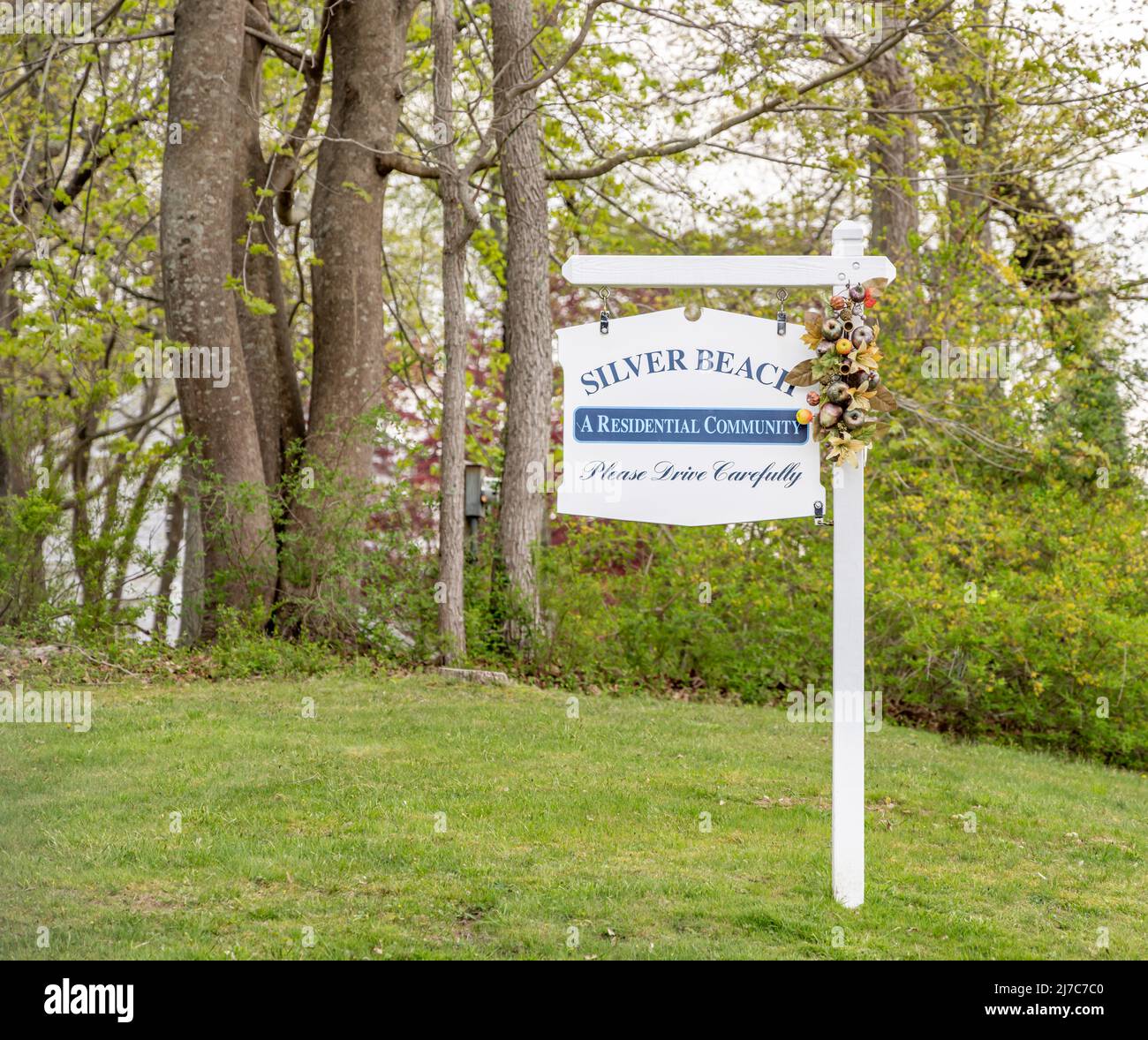 Sign for Silver Beach in Shelter Island, NY Stock Photo