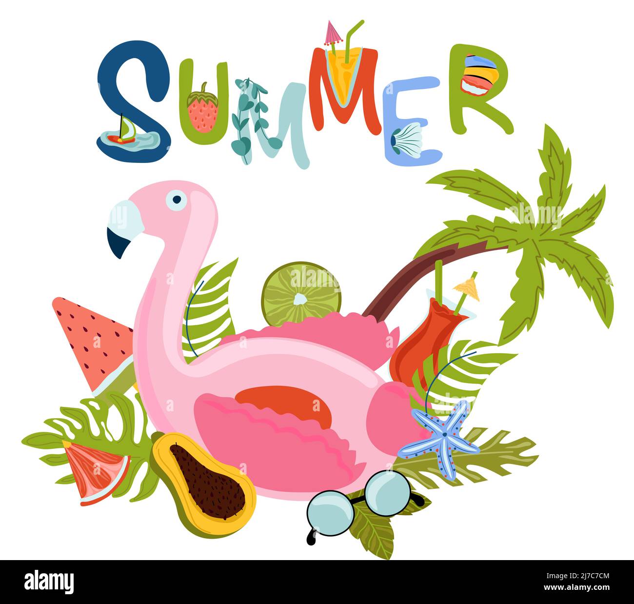 Set of cute elements, inflatable flamingo toy, tropical palm, papaya, shell and other. Summer composition perfect for postcard, scrapbooking, beach party. Summer lettering. Vector. Stock Vector
