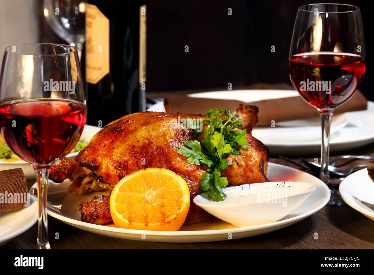 luxury dinner served on the table with glass of red wine Stock Photo ...