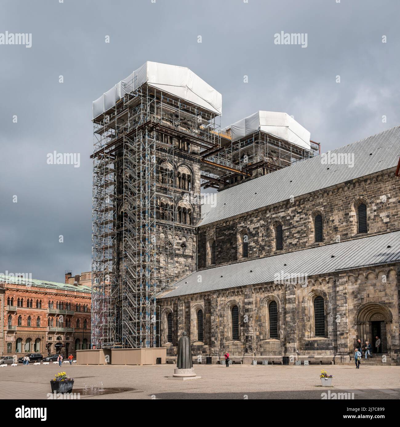 scaffolding at Lund Cathedral and its towers, Lund, Sweden, May 7, 2022 Stock Photo
