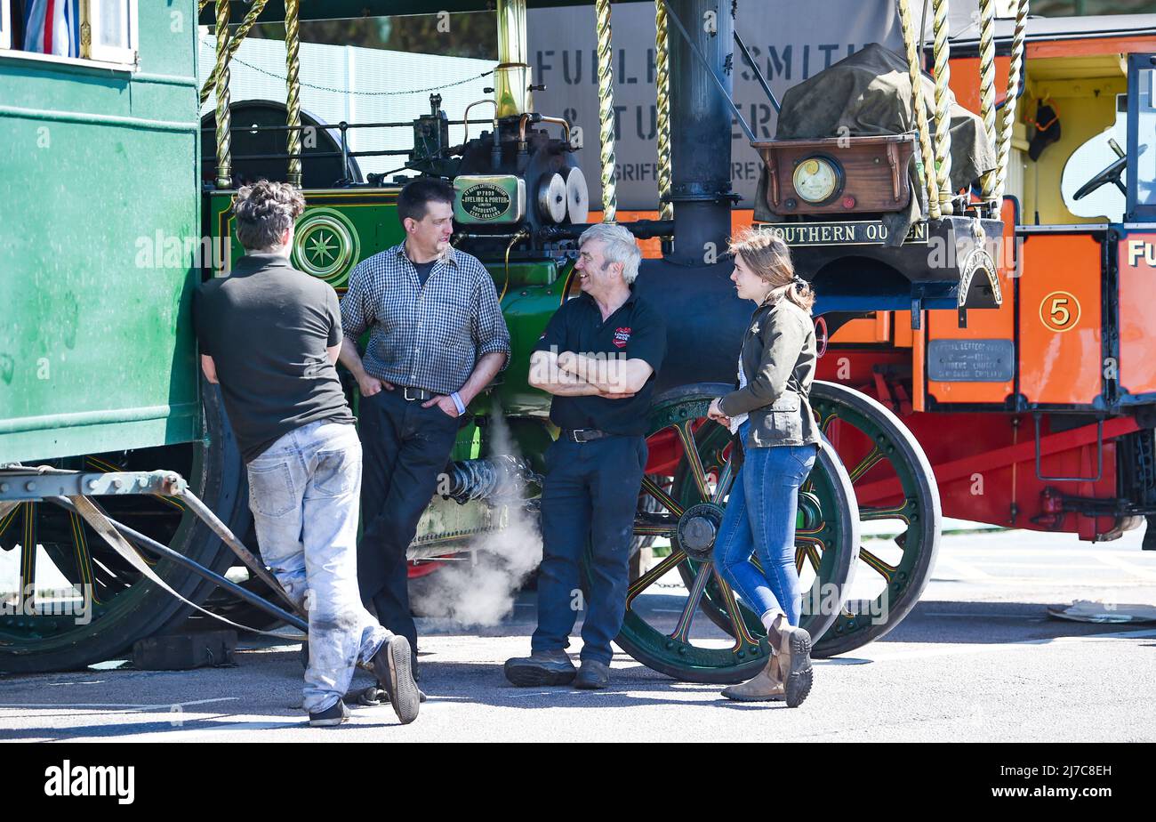 Brighton UK 8th May 2022 - Participants in the 59th Historic Commercial Vehicle Run enjoy the sunshine on Brighton seafront after arriving from South London . About 200 vehicles which have to be over 20 years old are taking part this year  : Credit Simon Dack / Alamy Live News Stock Photo