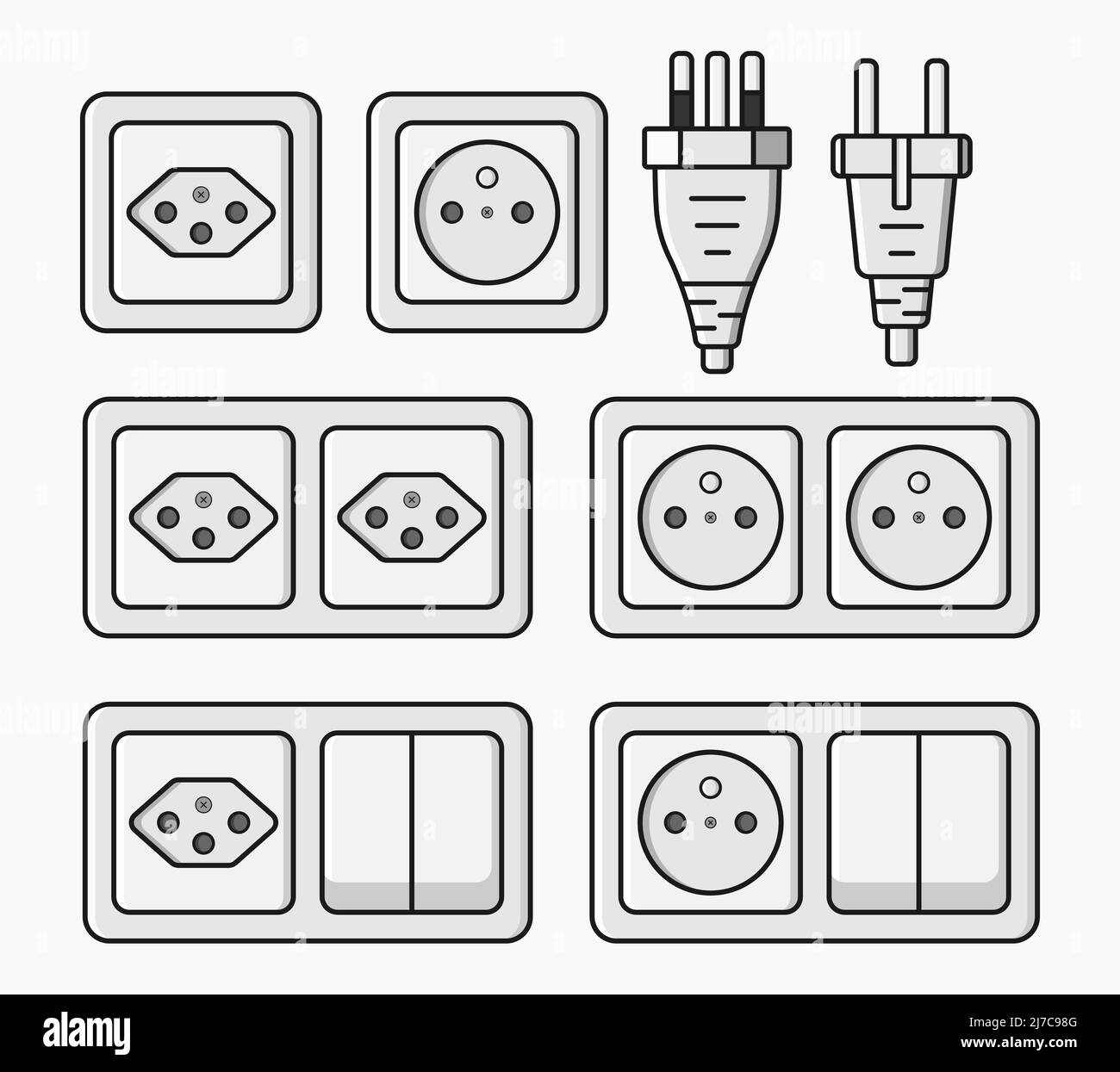 power outlet plug electric socket type n, j and e set vector flat illustration Stock Vector